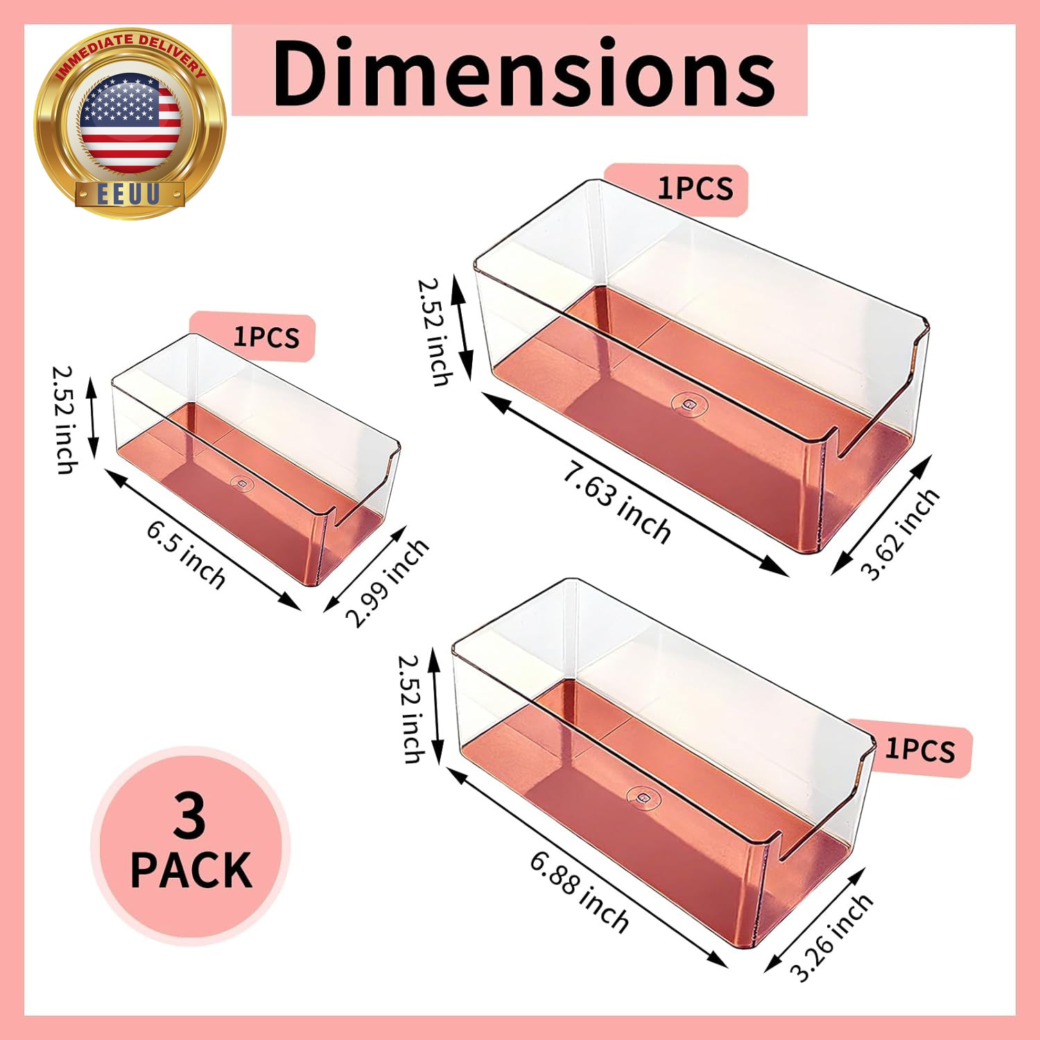 3Pcs Plastic Drawer Organizer, 3 Sizes Desk Drawer Divider Organizers and Contai