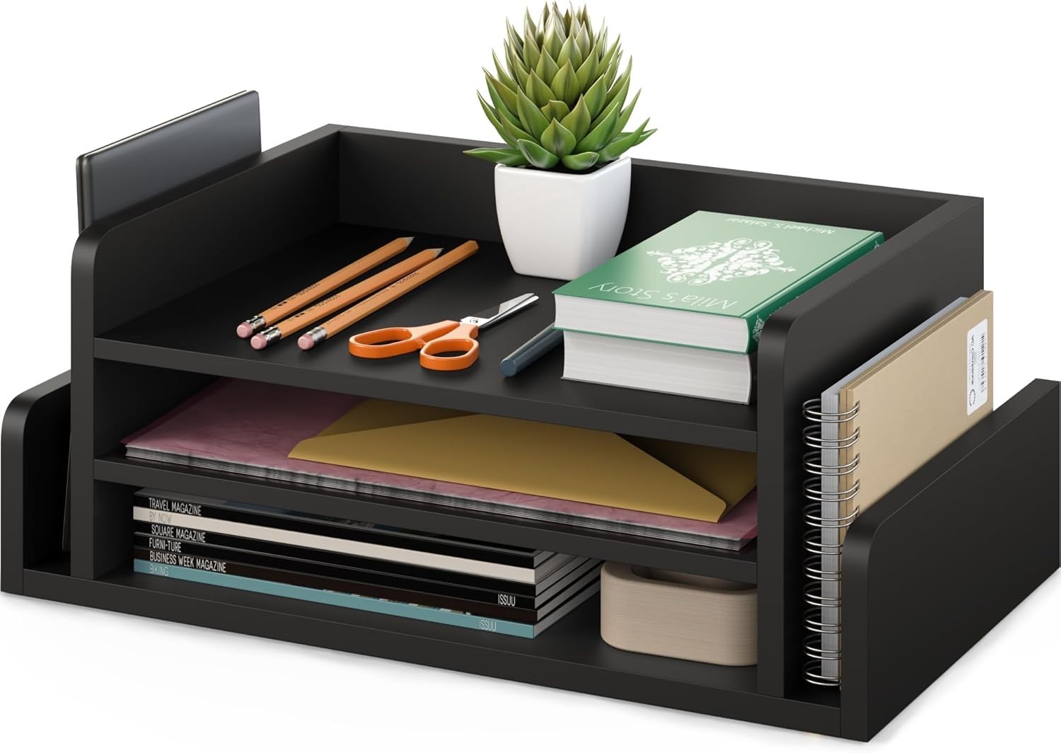 3-Tier Wood Desk Organizer Letter Tray File Holder w/ 2 Mail Slots Black