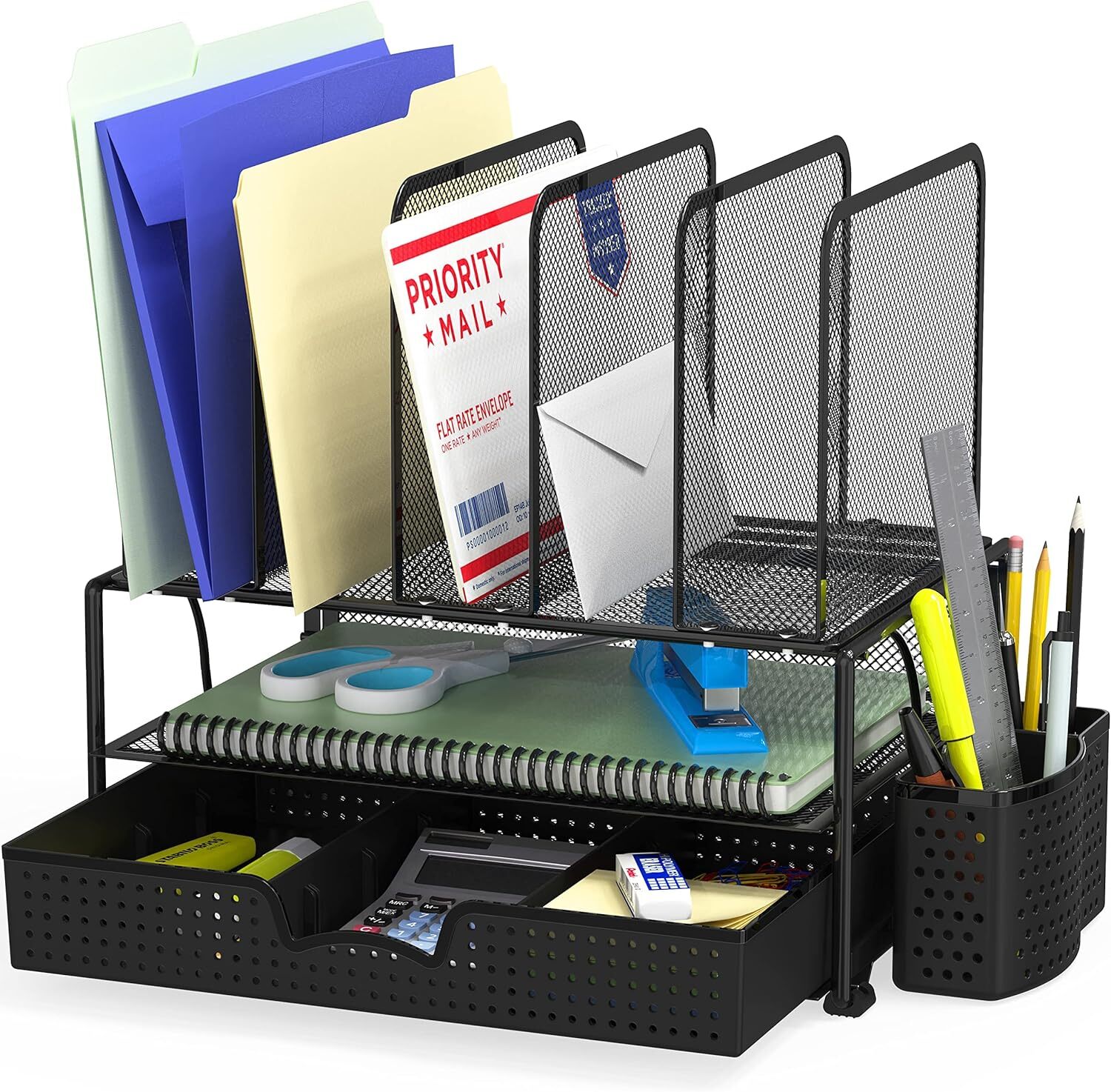 New Houseware Space Saving Mesh Desk Organizer with Sliding Drawer Double Tray