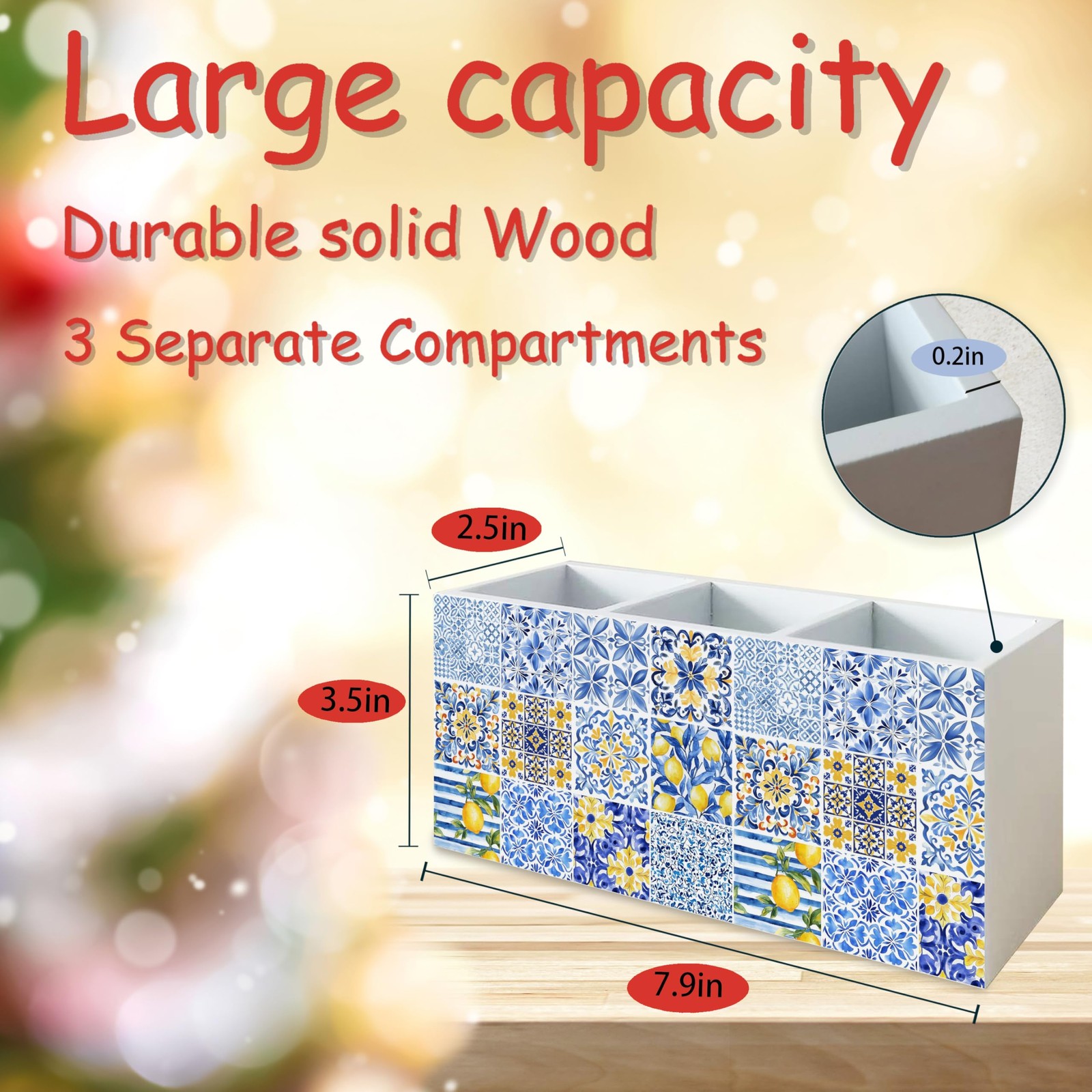 Kitchen Utensil Holder Organizer 3 Compartment Wood Mediterranean Lemon Print