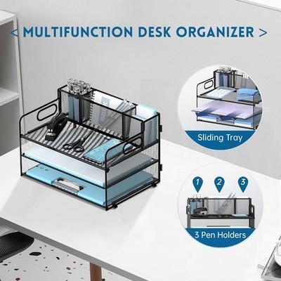 3 Tier Desk File Organizer with Pen Holder, Mesh Paper Tray File Organizer for