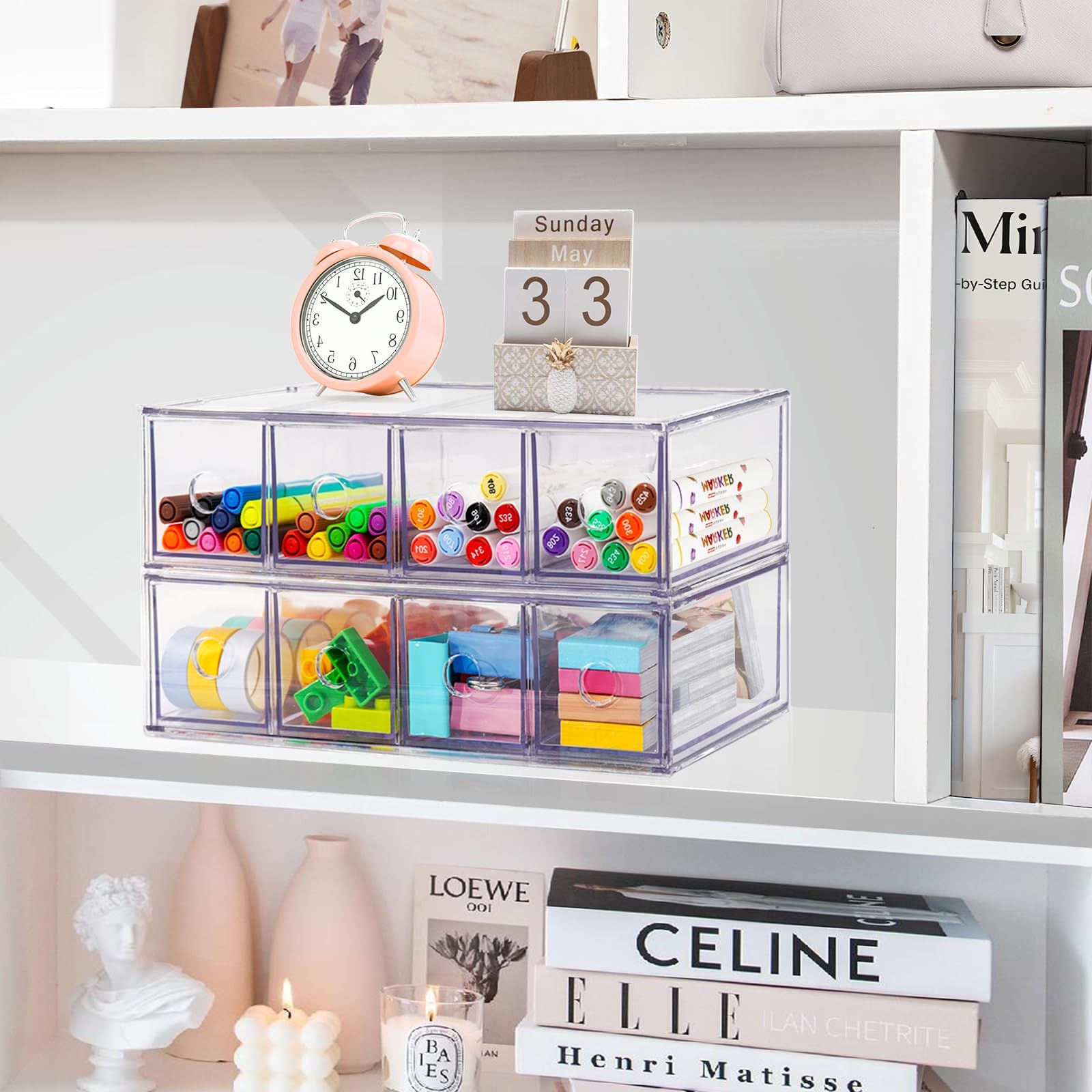 Desk Organizer with 8 Drawers, FODIENS 2 Packs Stackable Desktop Transparent
