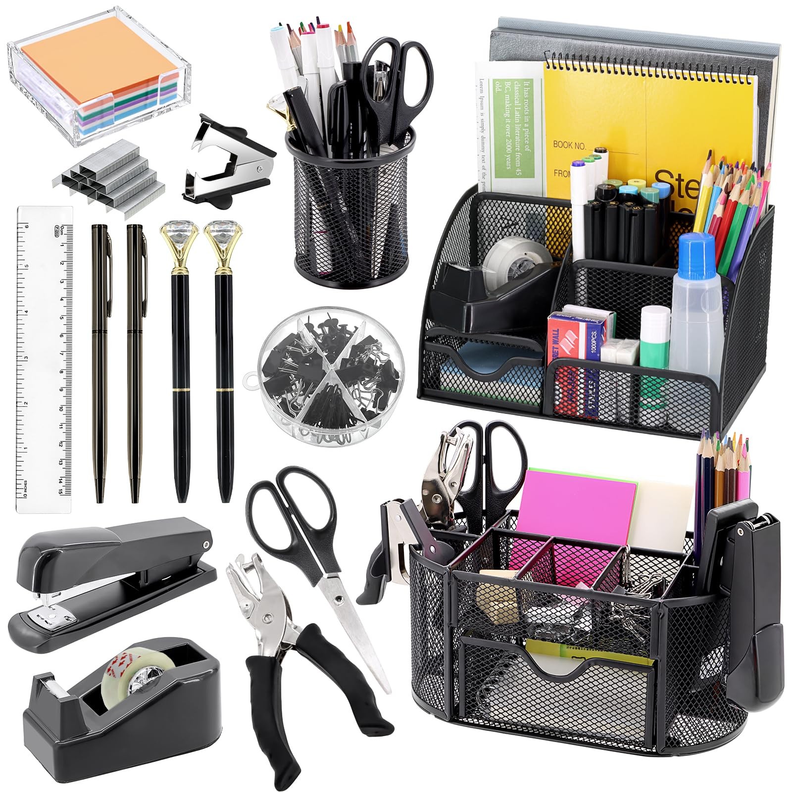 17 in 1 Black Desk Organizers and Set, 3 Office Desk Supplies Storage Organiz…