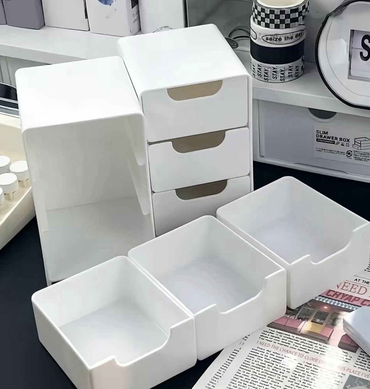 White Plastic 3-Drawer Desktop Organizer 5.1in x 3.1in x 3.5in