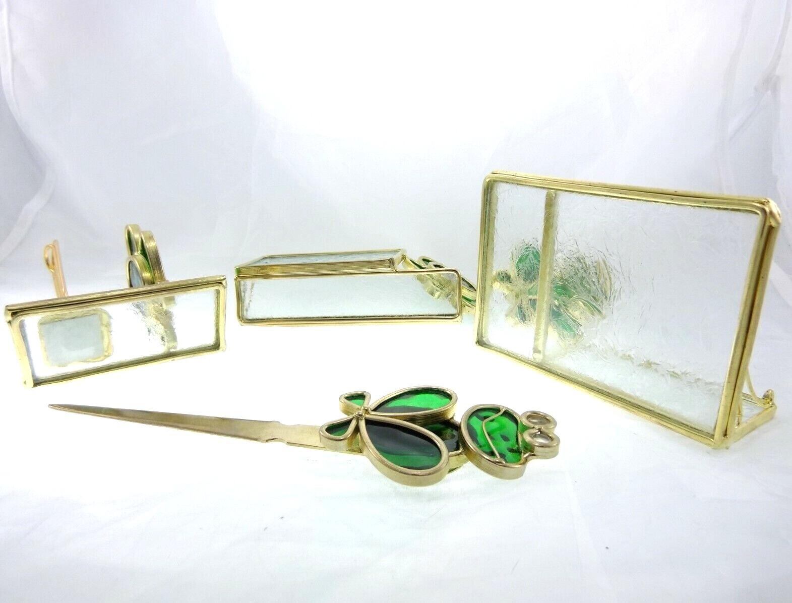 4pc Vintage Glass Brass Frog Desk Set Notepad Business Card Holder Letter Opener