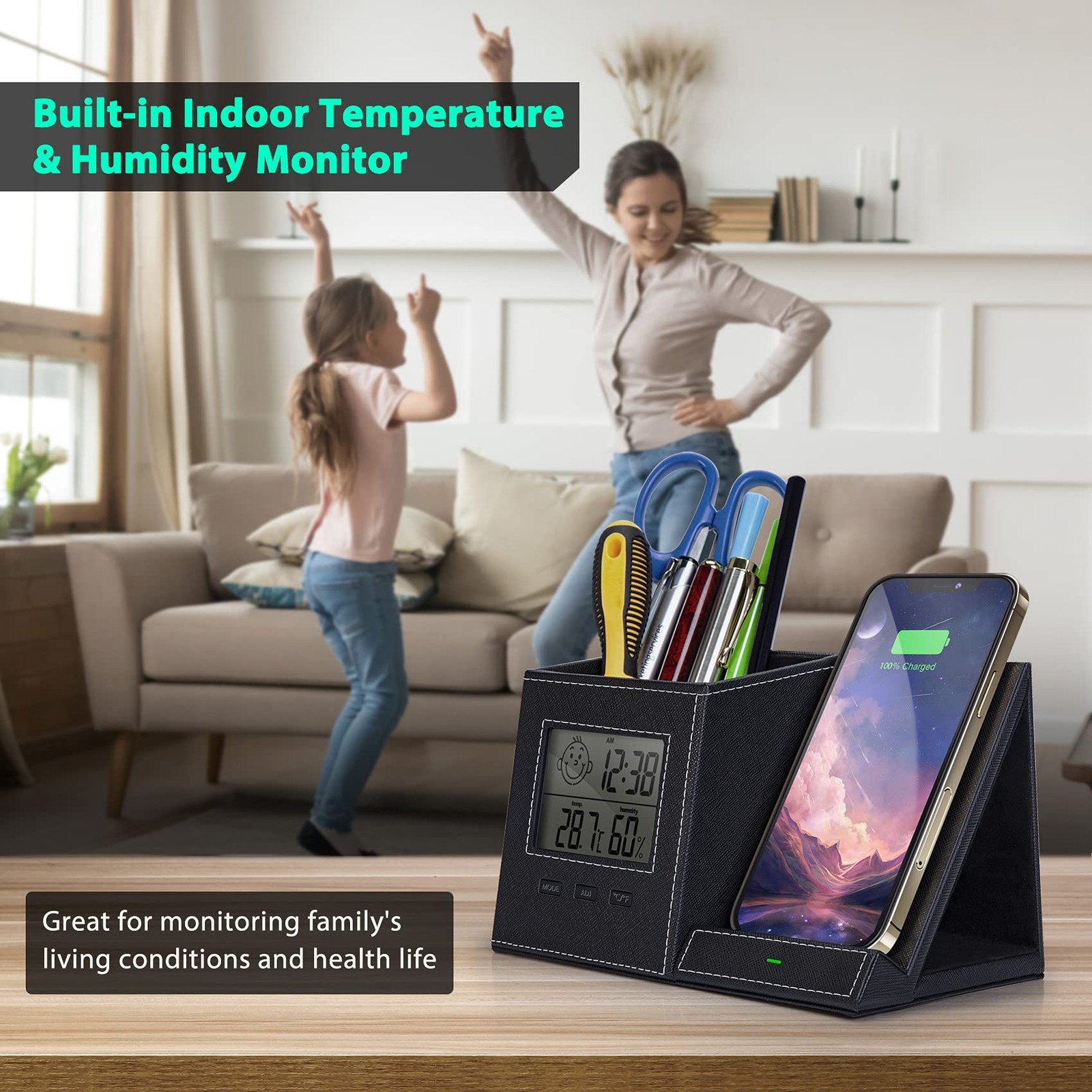 Pen Holder, Pen Organizer for Desk with Wireless Charger, Digital Indoor Ther…