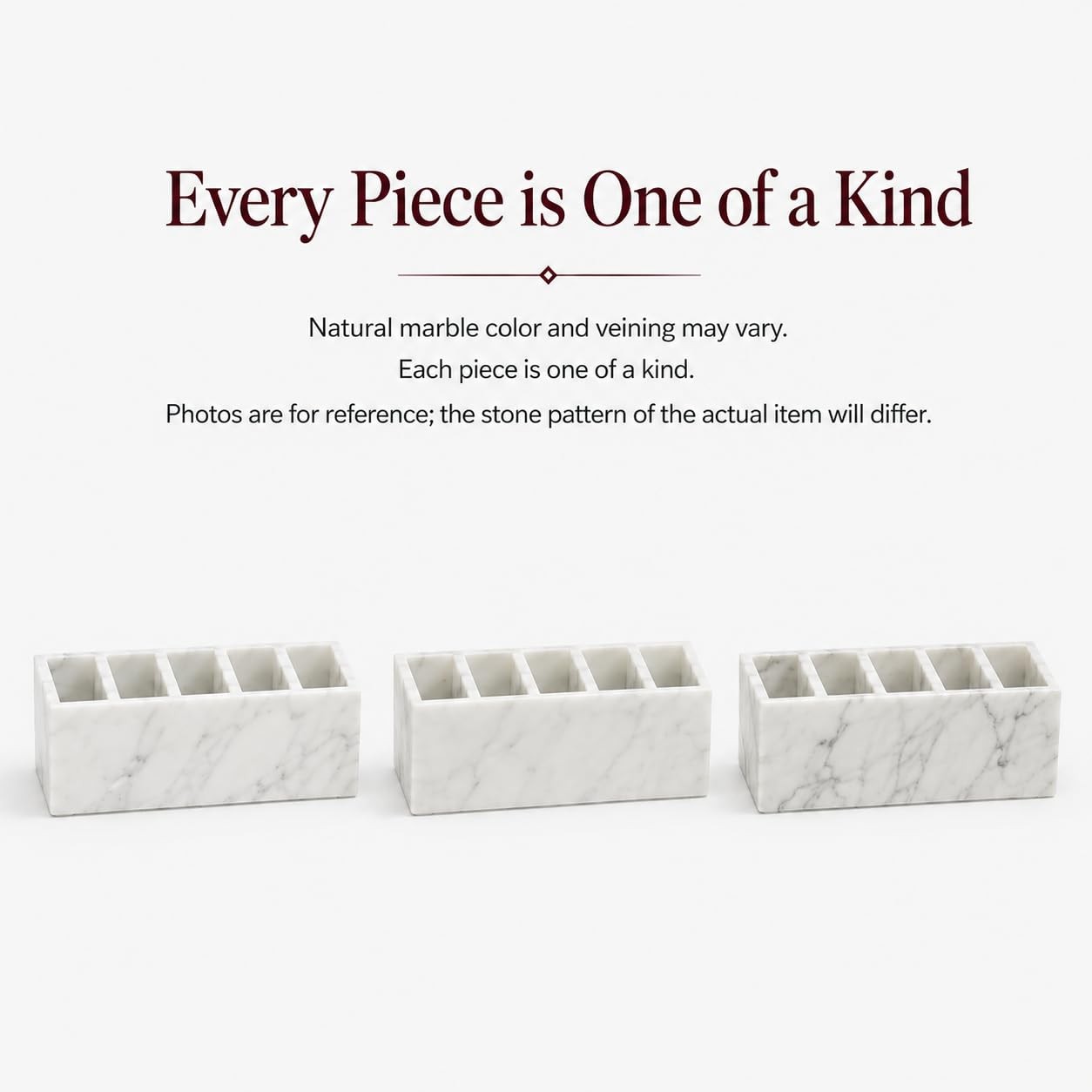 Natural White Marble 5-Compartment Desk Organizer for Pens & Brushes