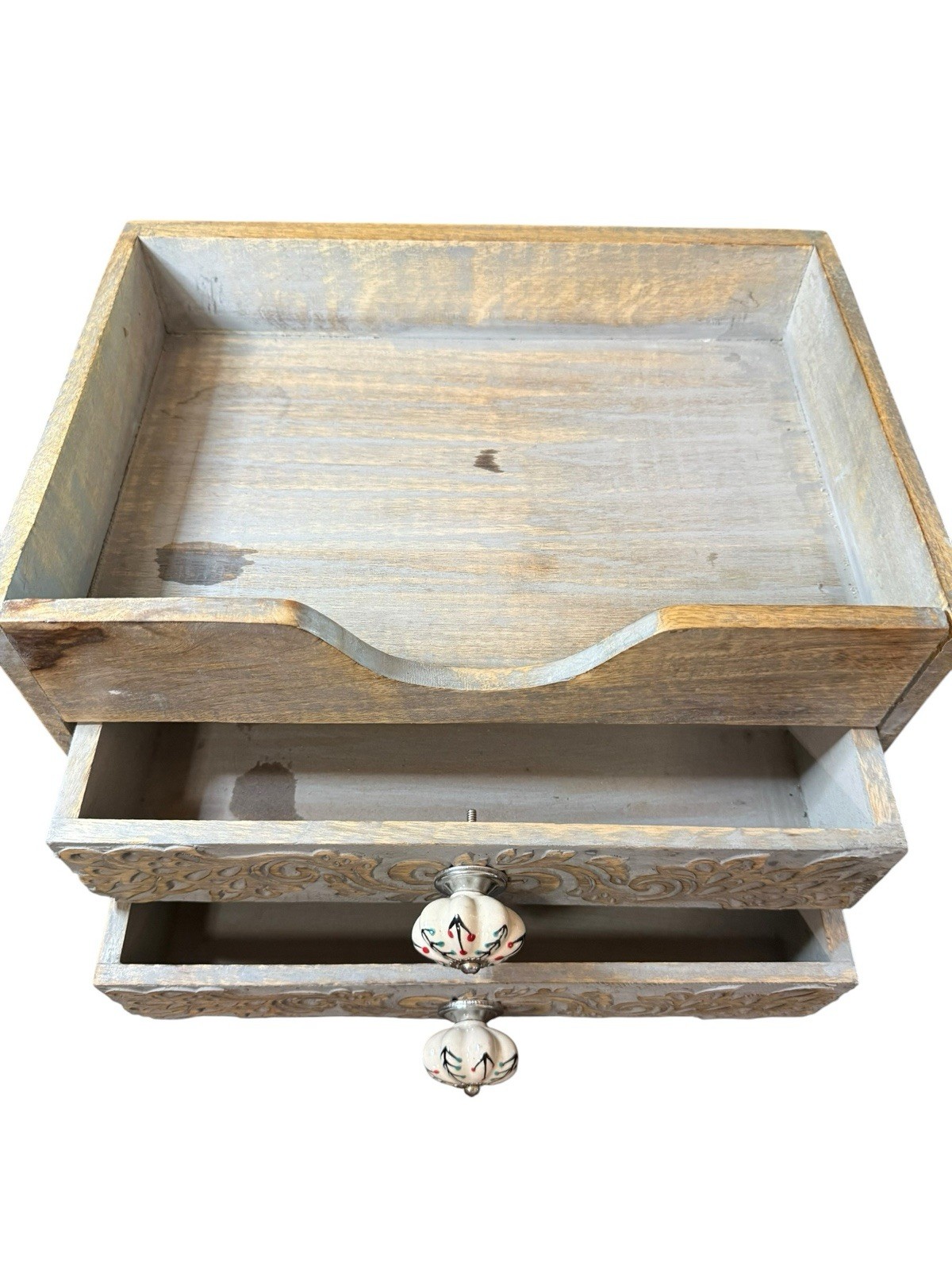 Rustic Wooden Desktop Or Vanity Organizer Scroll Inlay Wood Design 2 Drawer
