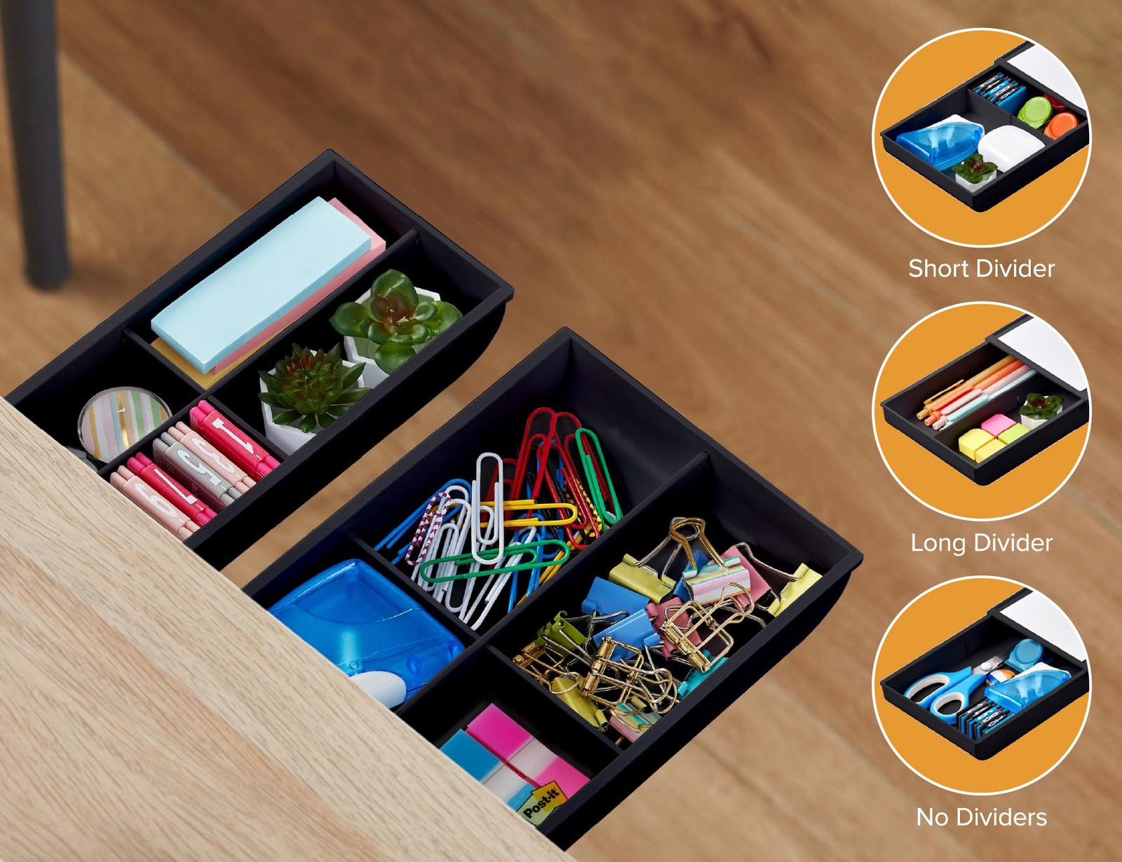 Self Adhesive Desk Drawer, 4 Adjustable Dividers, Space Saver, 2 Pack