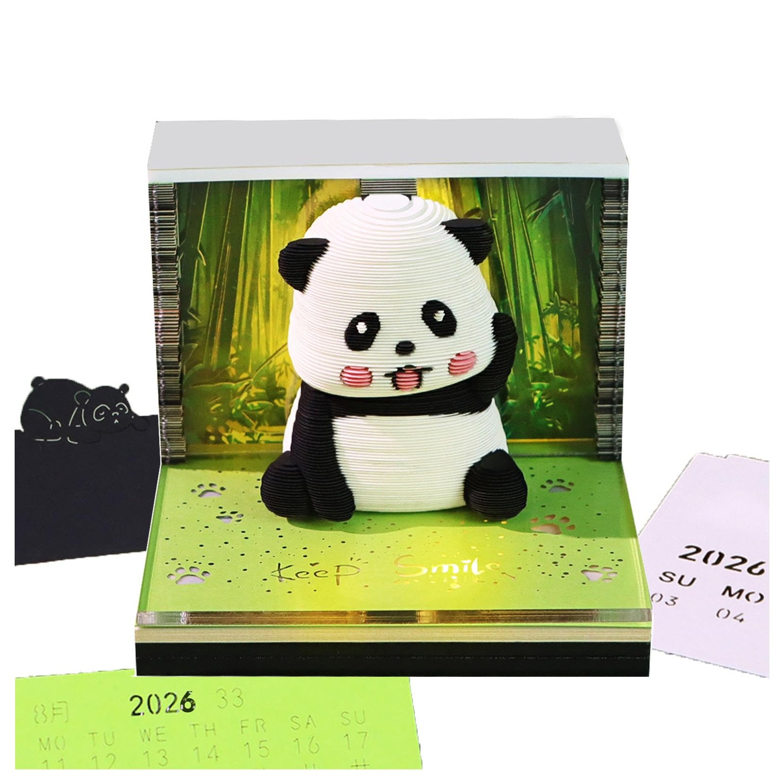LeatherleafWorth 3D Timepiece Calendar 2026 Paper Art Memo Pad with LED Panda