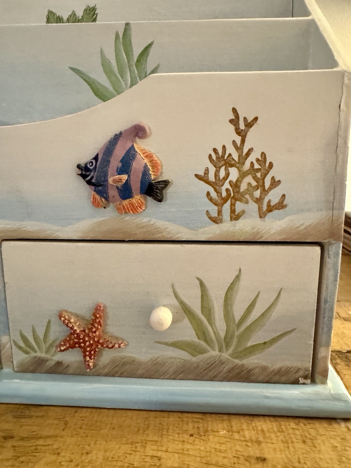 Coastal Beach Theme Tiered Wood Desktop Organizer Hand painted Ocean Fish