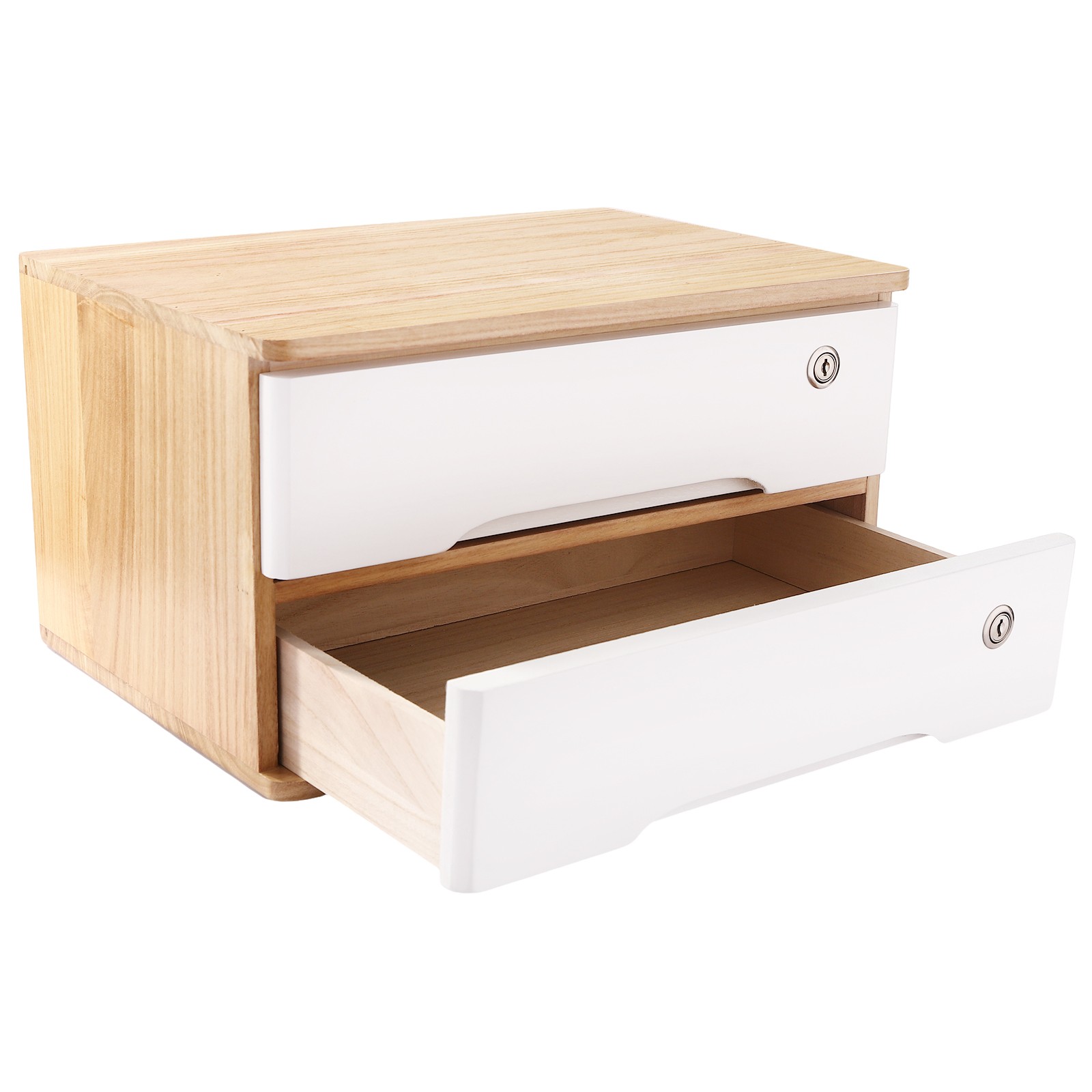 2 Tier Desktop Organizer with 2 Lockable Drawers Wooden Desk Storage Box