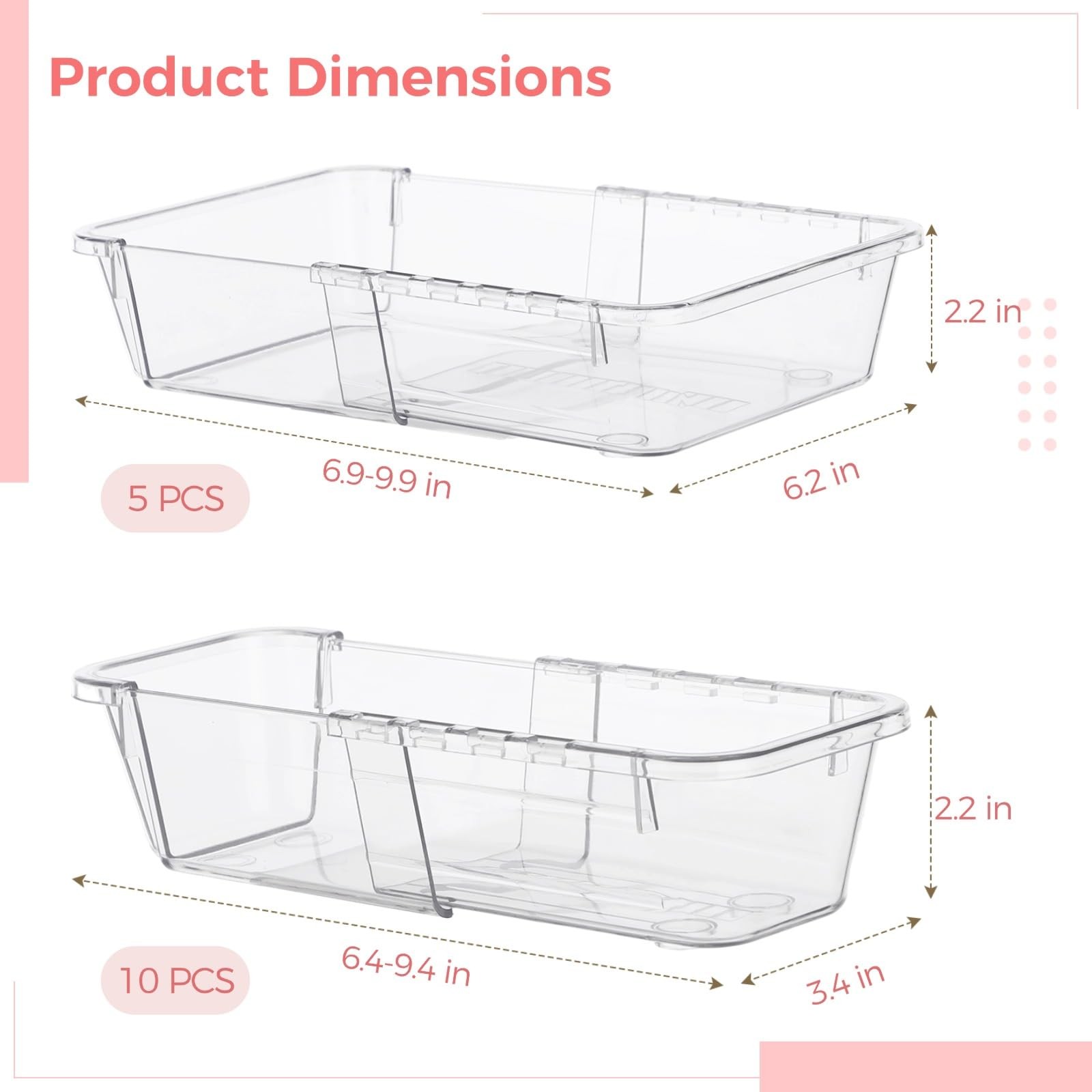 KLYGOBSR 15 Pcs Extendable Clear Bathroom Drawer Organizer Trays 2-Size