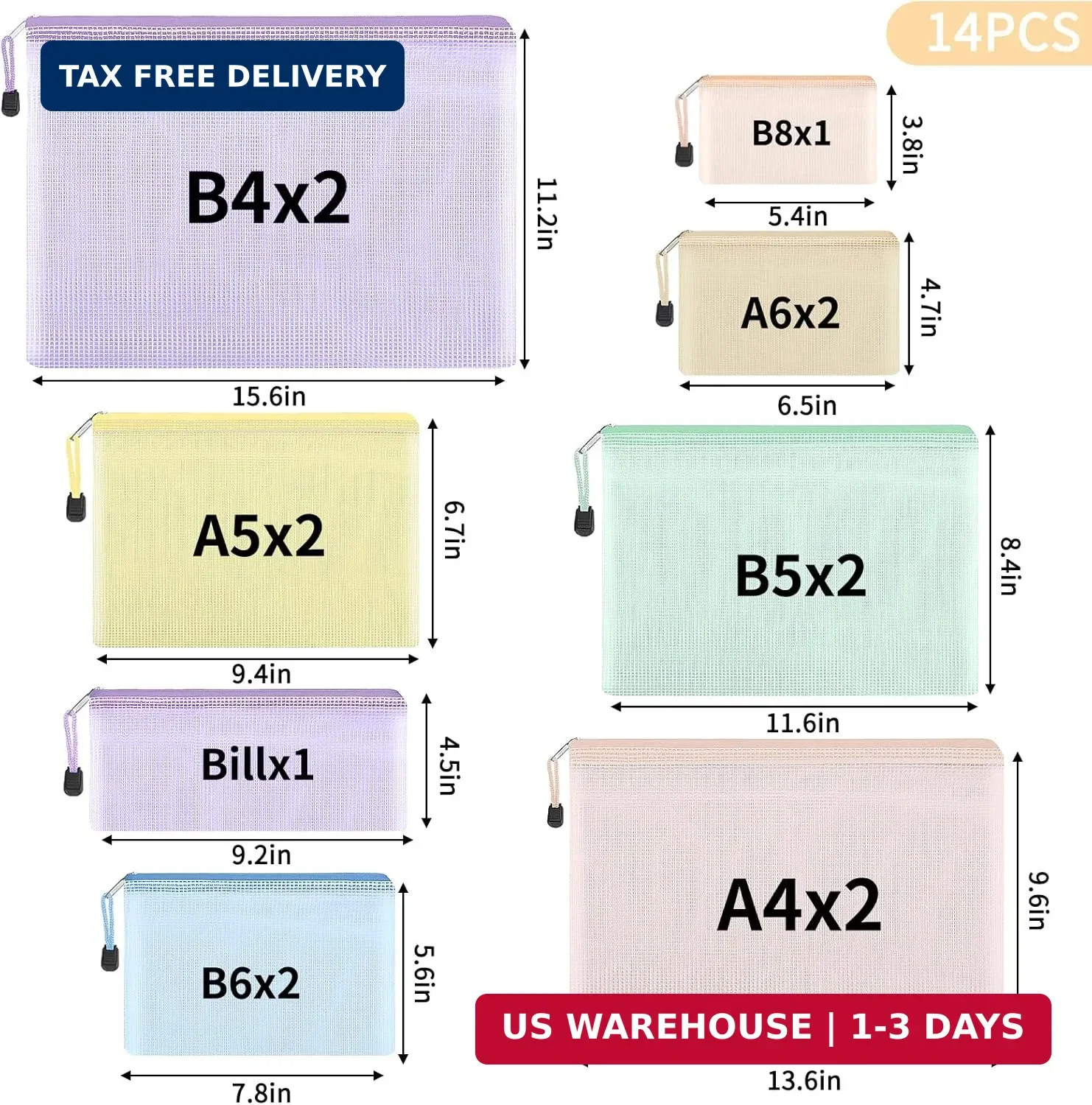 EOOUT 14pcs Mesh Zipper Pouch, 8 Sizes Waterproof Zipper Bags, 7 Colors Waterpro