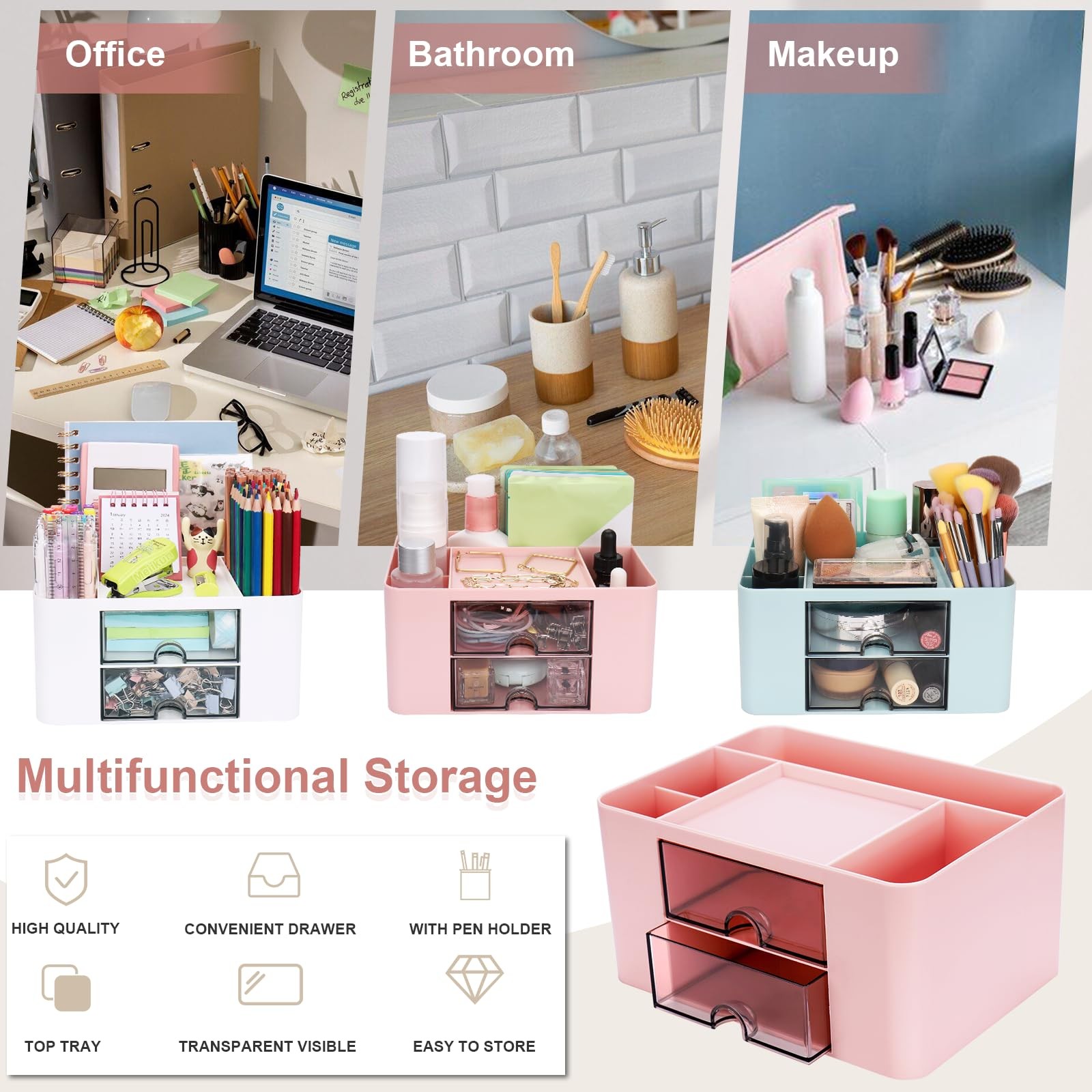 Desk Organizer With Drawers, Pen Pencil Holder, Office Storage, Pink