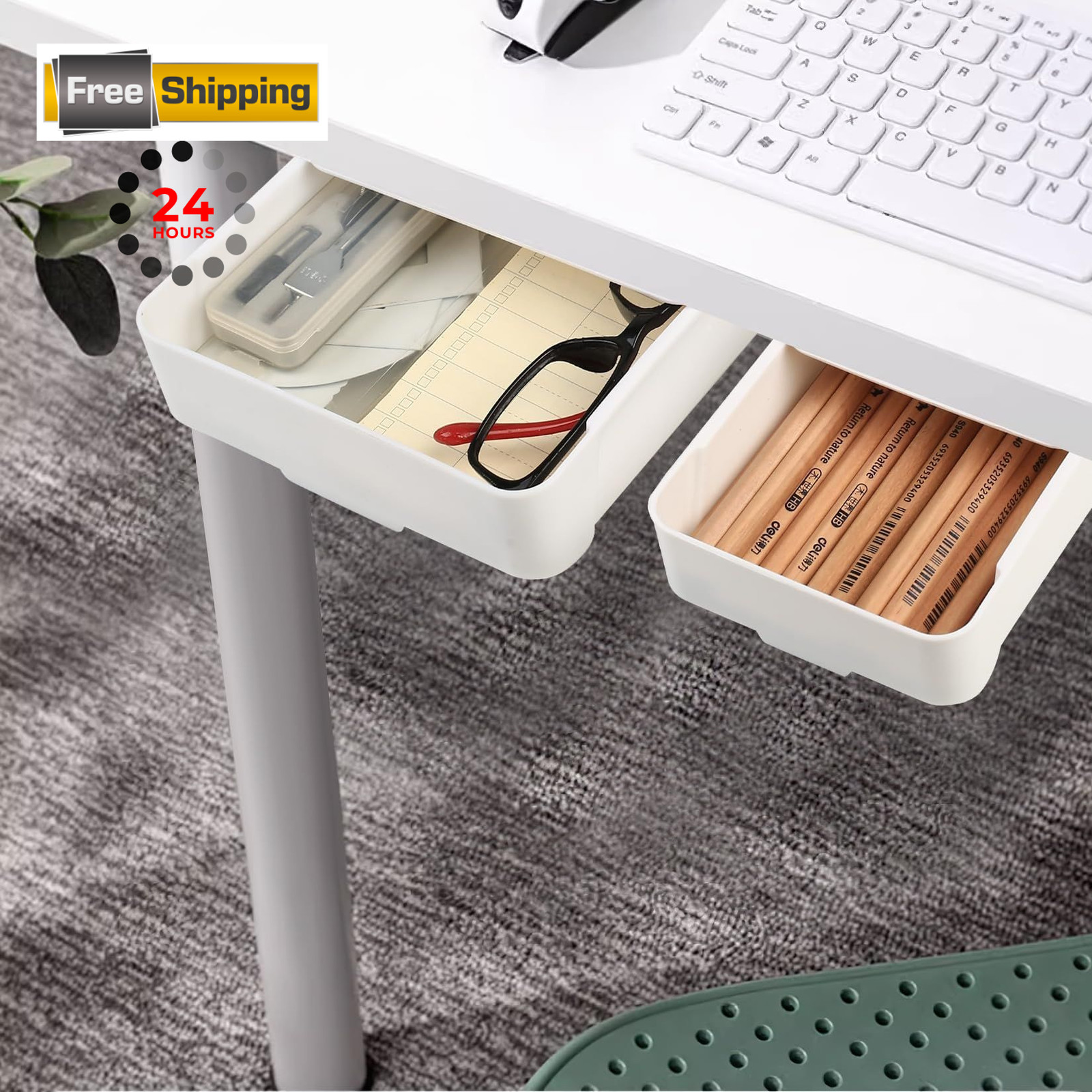 2pcs Under Desk Drawers – Self-Adhesive Hidden 8.85×5.7×1.41 inch, White