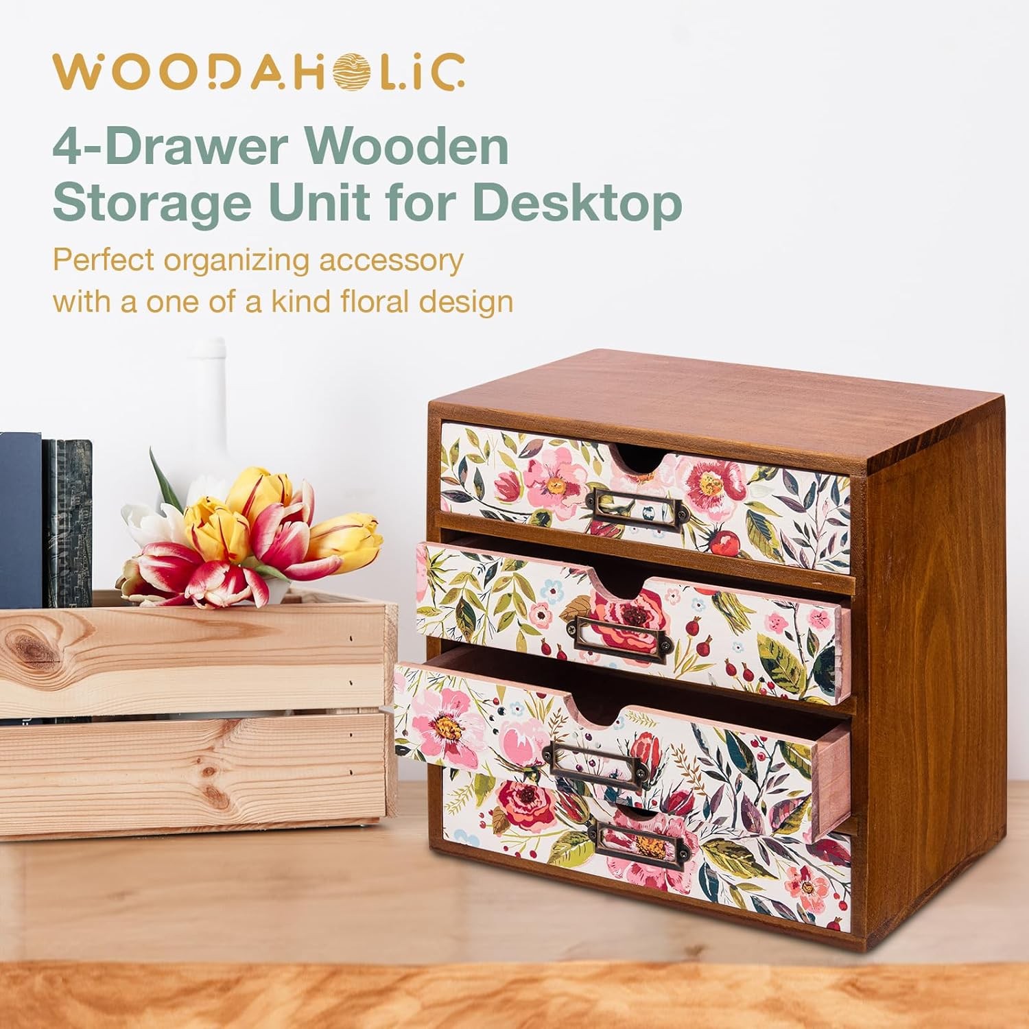 4-Drawer Vintage Desk Organizer in Floral Vibrant Botanical Flower on White