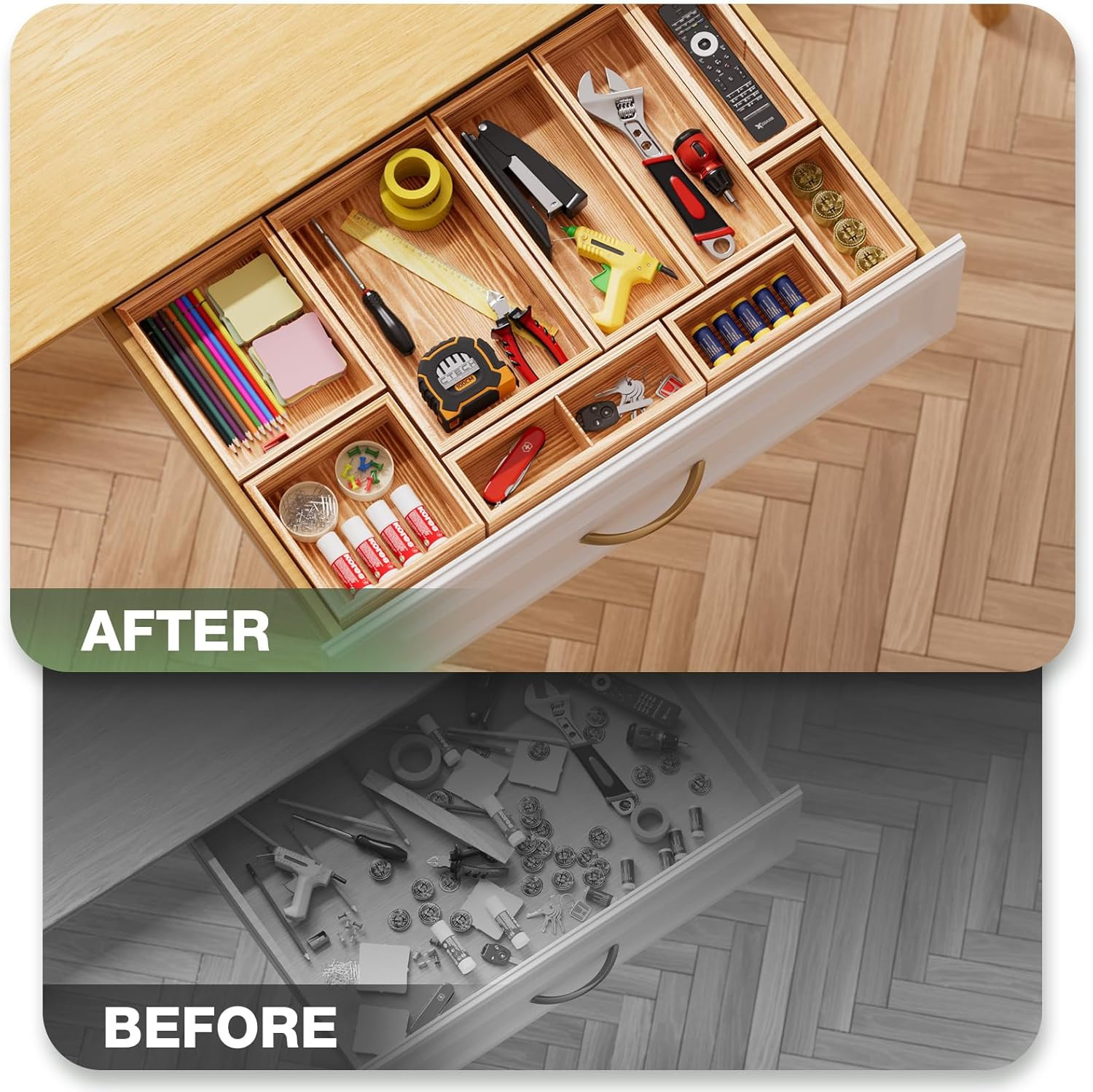 9-Pack Solid Wood Junk Drawer Organizer, Modular Desk Drawer Tray & Accessories