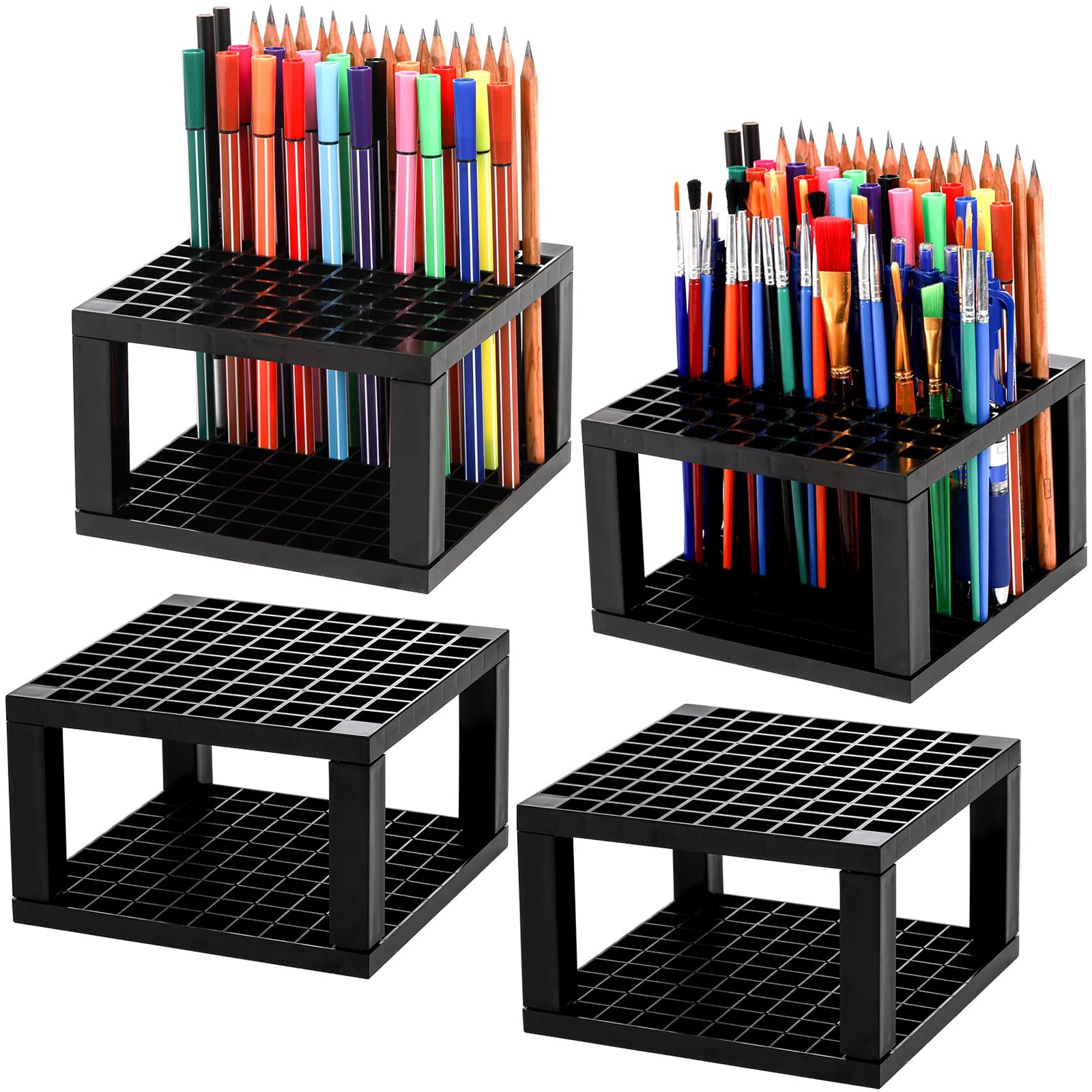 Foraineam 4-Pack 96 Holes Pencil & Brush Holder – 5.7 x x 3.5 inch, Black