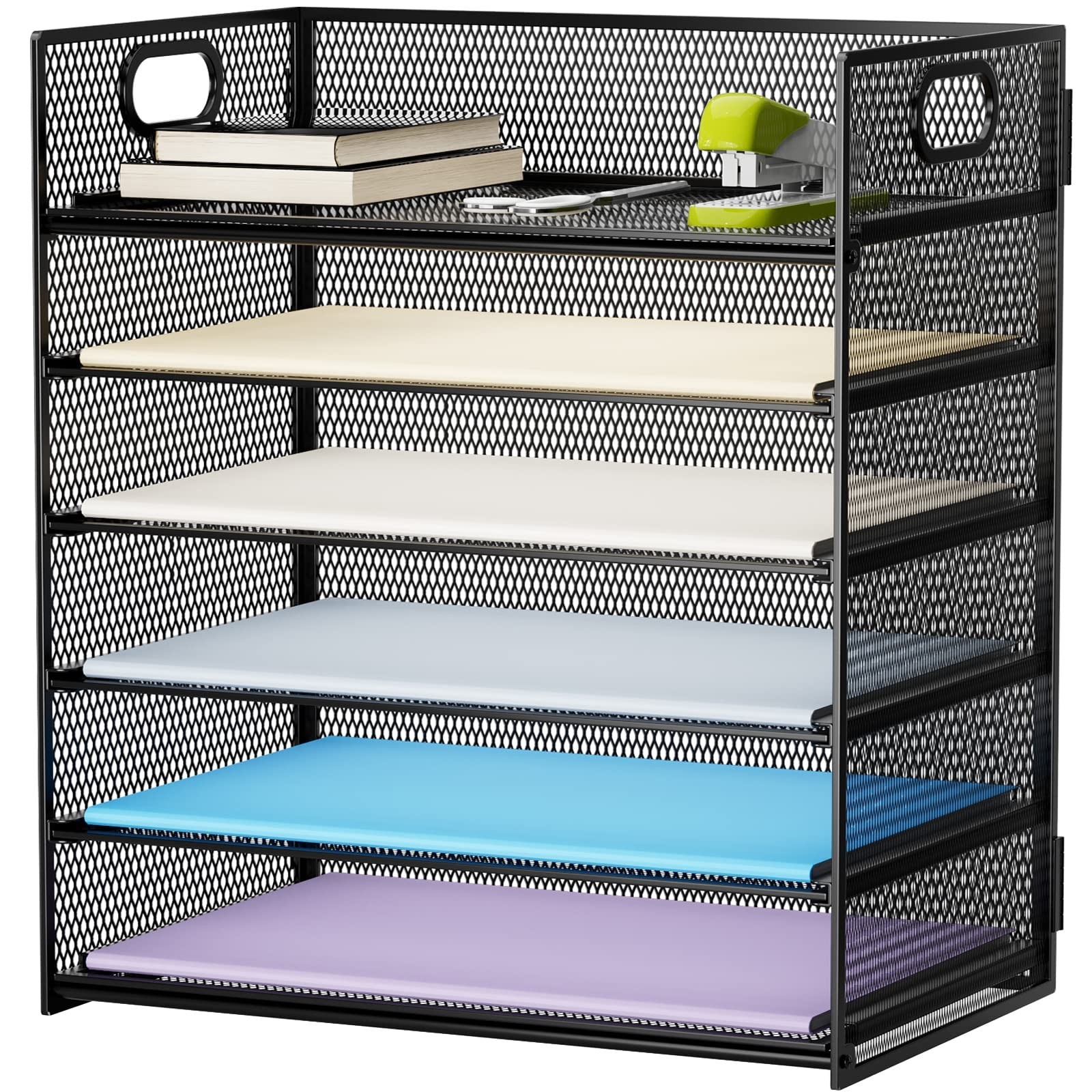 6 Tier Mesh Paper Organizer – Desk File Tray with Handle, A4 Letter Sorter – Bla