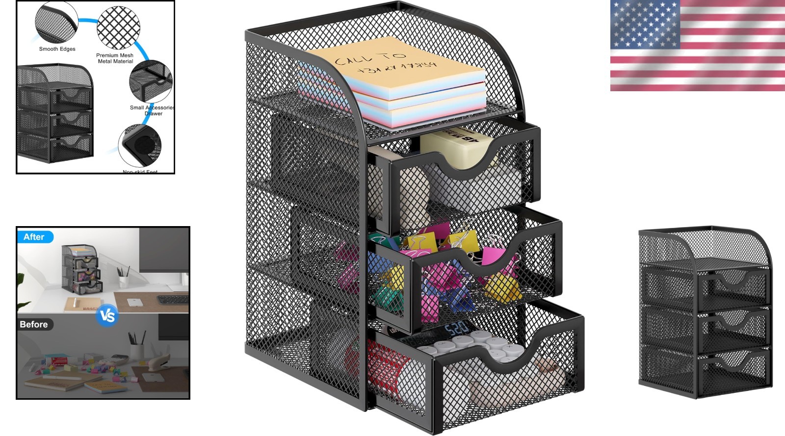 Durable Rust-Resistant Metal Desk Organizer with 3 Drawers & Visible Storage