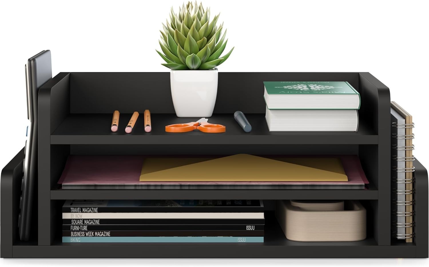 3-Tier Wood Desk Organizer Letter Tray File Holder w/ 2 Mail Slots Black