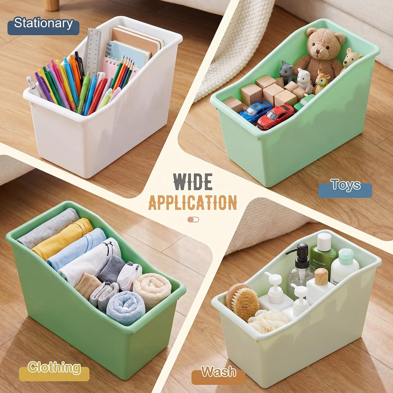 12 Pcs Book Bin for Classroom with Labels Stackable Plastic Organizing Bins 11.5
