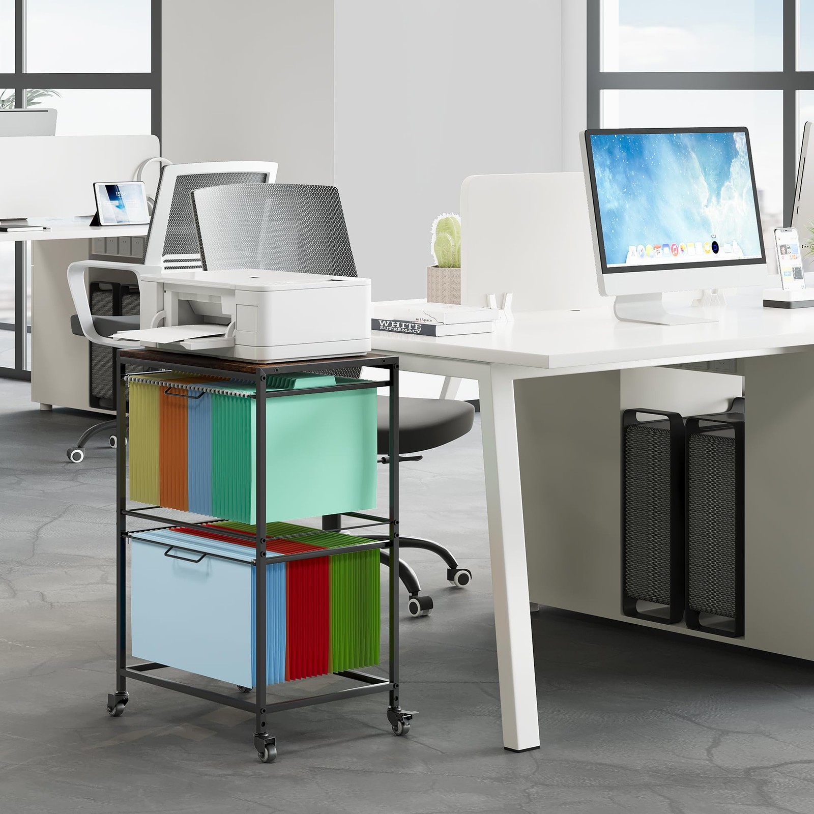 Rolling Hanging File Folder Cart, 2 Tier Metal Pull-Out File Rack for Letter …