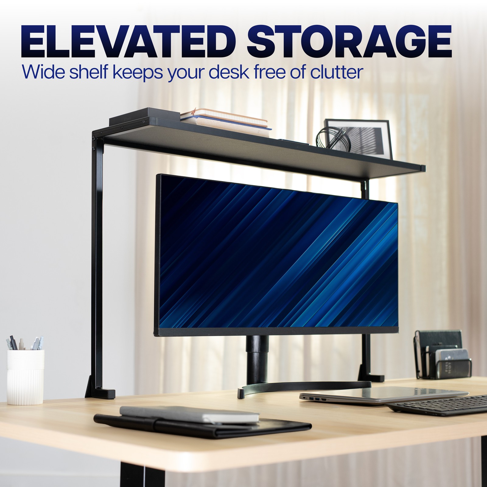 VIVO 38″ Black Clamp-on Overhead Desk Shelf Mount, Raised Desktop Organizer