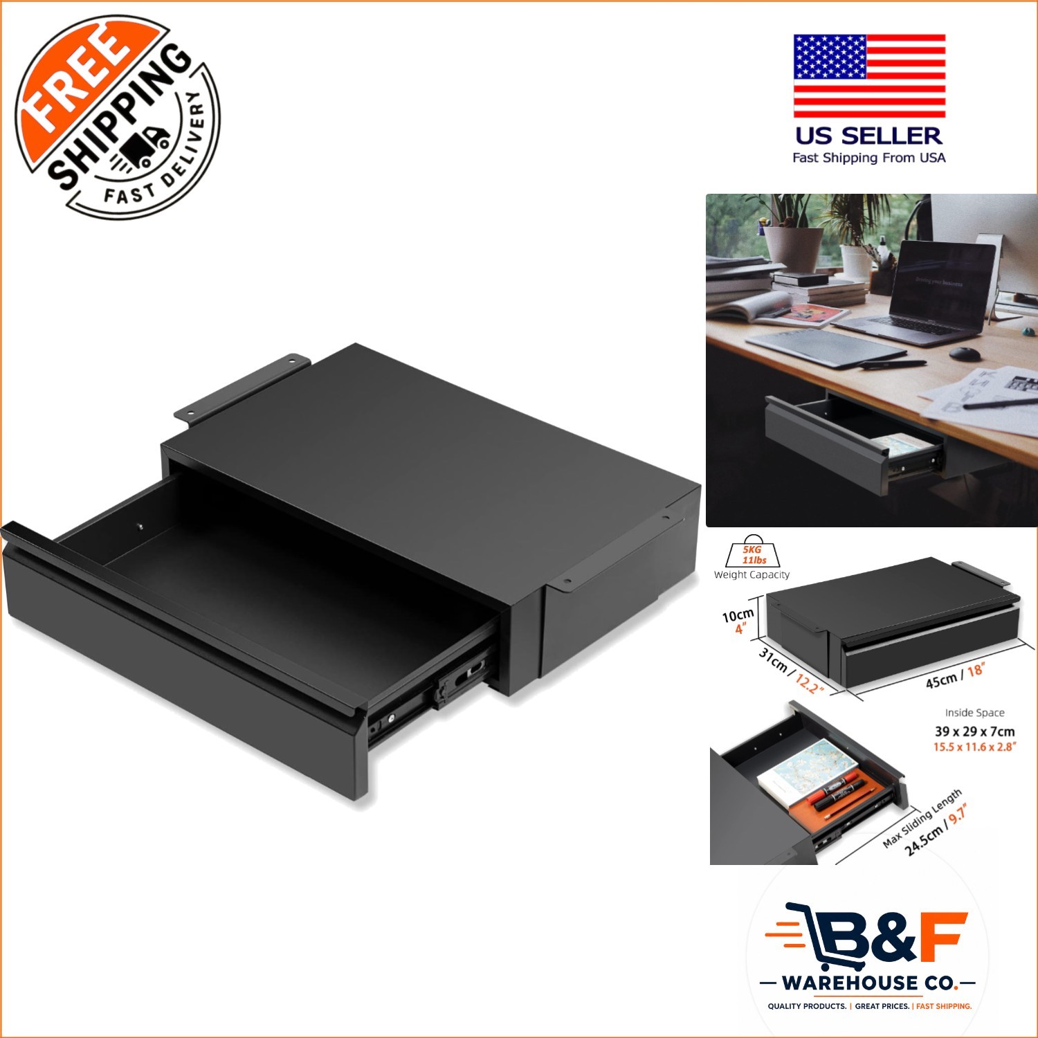 18” Under Desk Drawer with Large Slide and Cable Management: Black Metal Design
