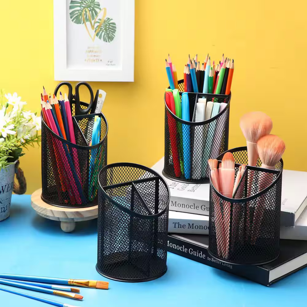 4-Pack Mesh Metal Pen Holder Black 3-Compartment round Organizer Non-Slip Deskto