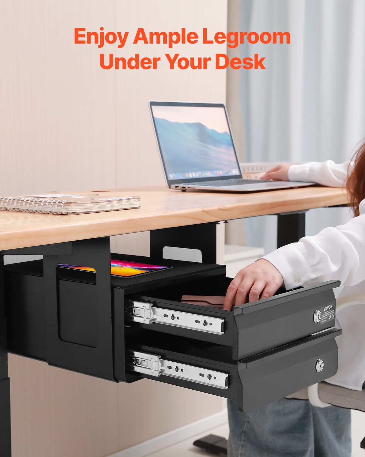 VEVOR 2 Drawer 13″ Lockable Under Desk Drawer Organizer Slide-out Drawer Office