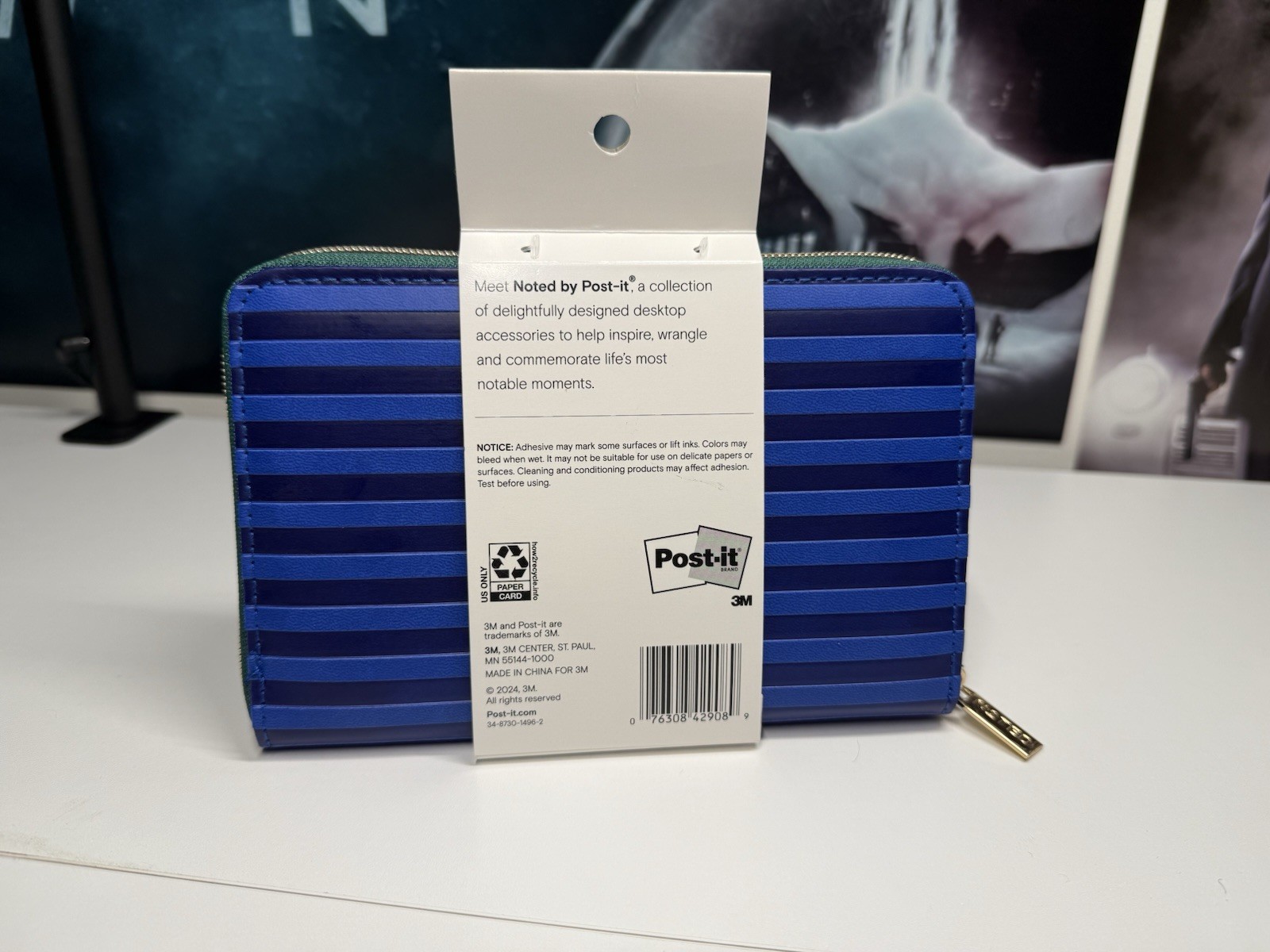 Post-it® Pen Pouch Noted Blue Green Stripes School Office Pencil Bag Gold Zipper