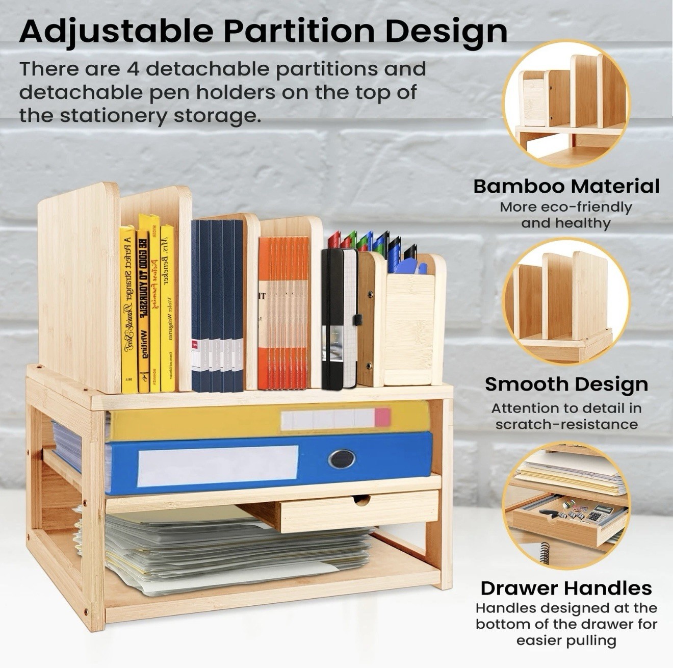 Bamboo Desk Organizer w/ Drawer & Document Holder – Wooden Desktop Storage