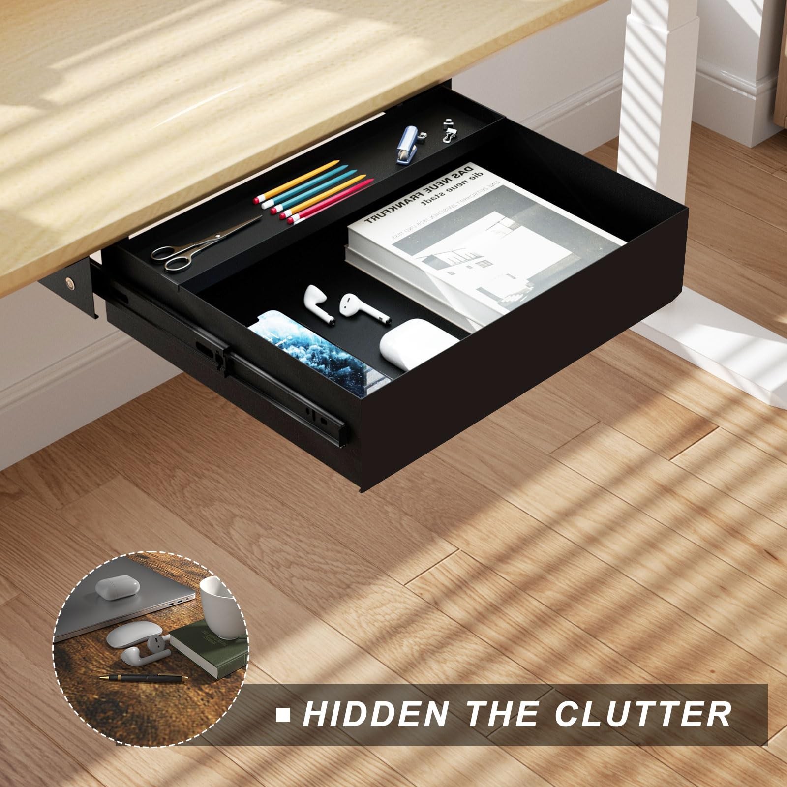 Gaxomo Under Desk Drawer(15.2”x10”x2.8”) with Sliding Pencil S, Black