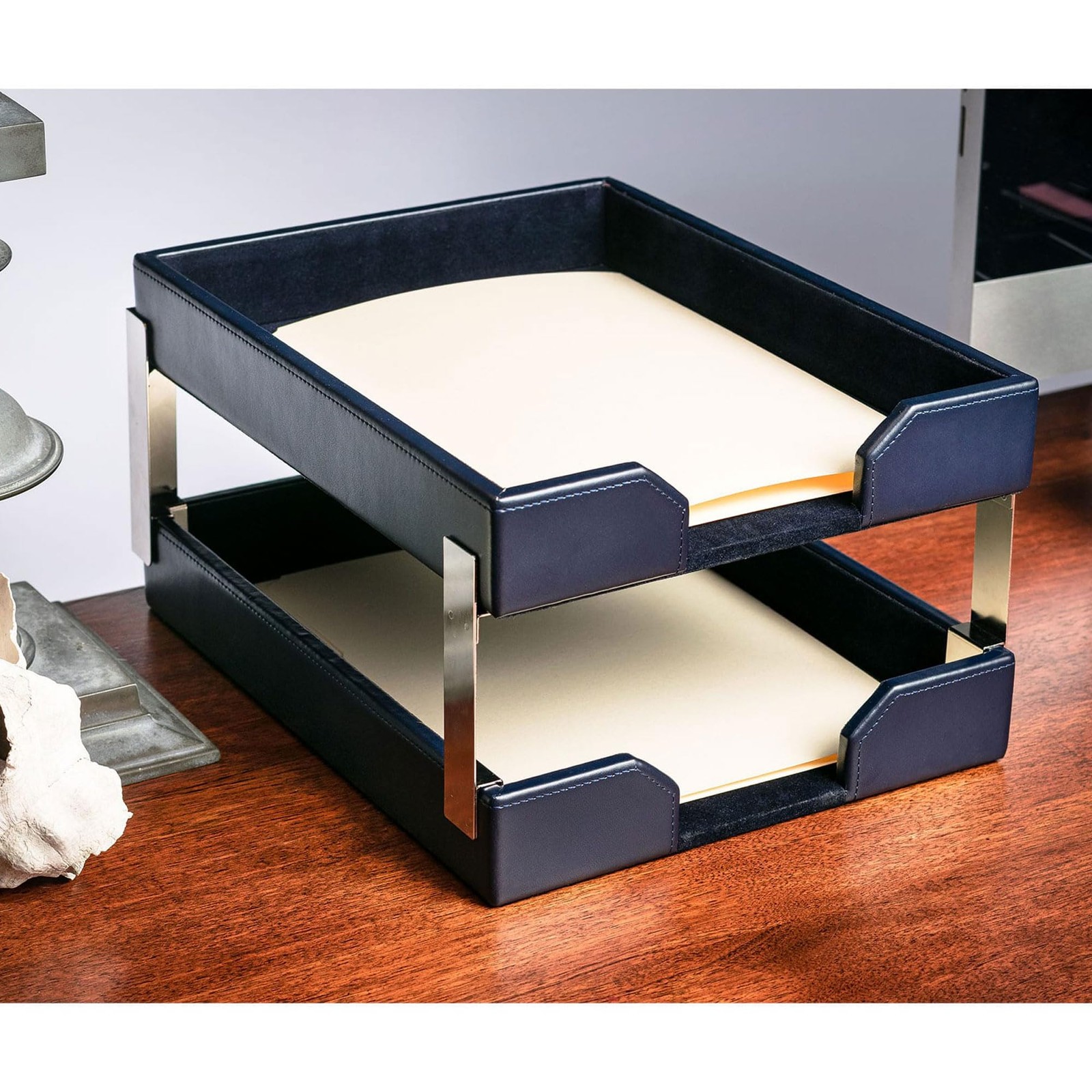 Navy Blue Bonded Leather Front-Load Double Letter Tray Set w/Silver Stacking …