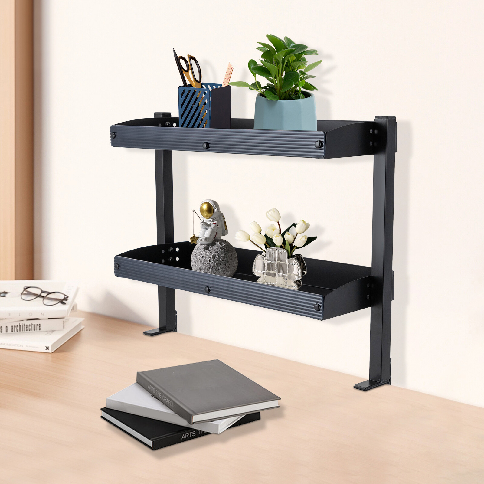 2 Tier Clip-on Desk Storage Home Office Shelf Carbon Steel Desktop Organize Tray