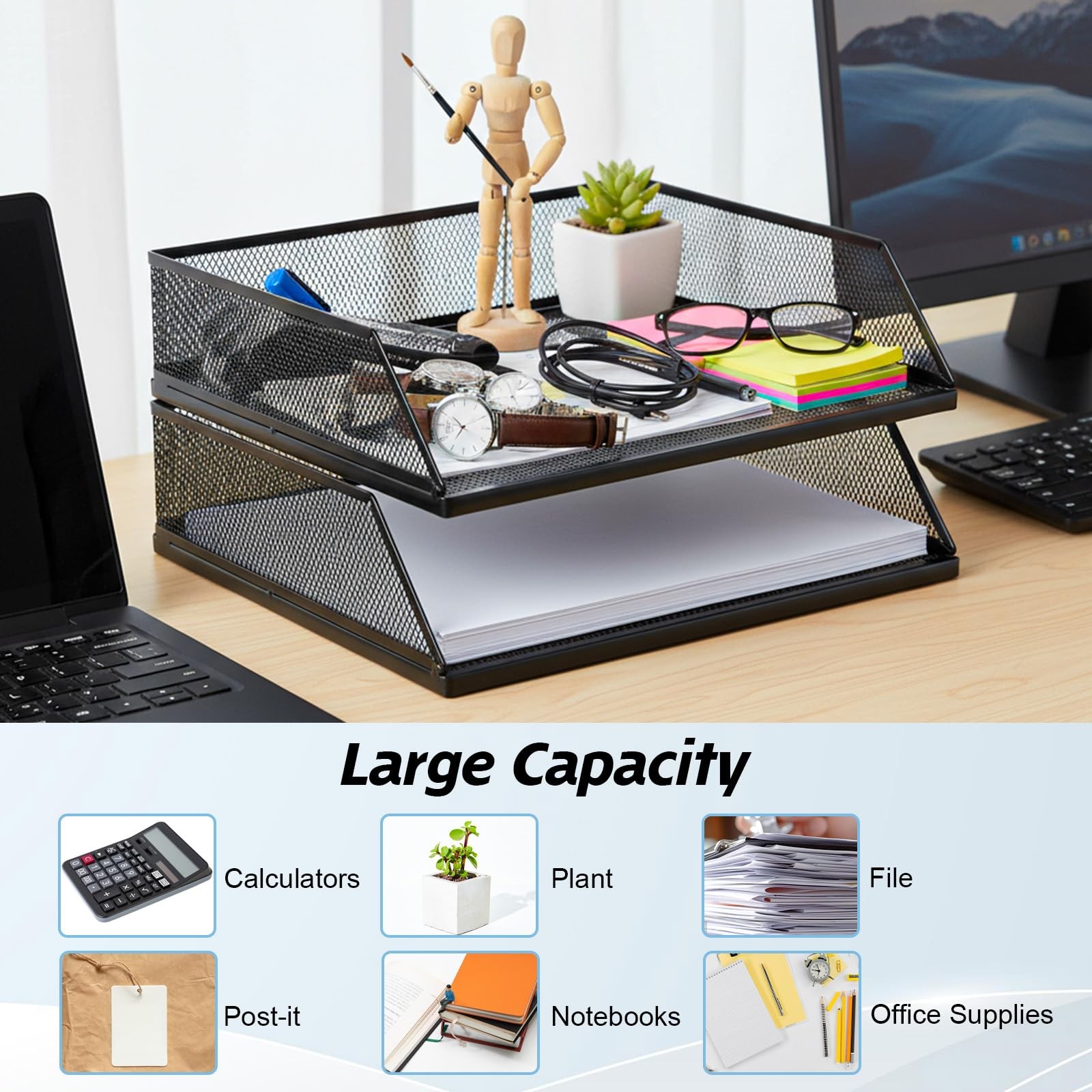 2 PCS 12.8×9.84 Inch Black Metal Mesh Letter Tray Stackable Desk Organizer