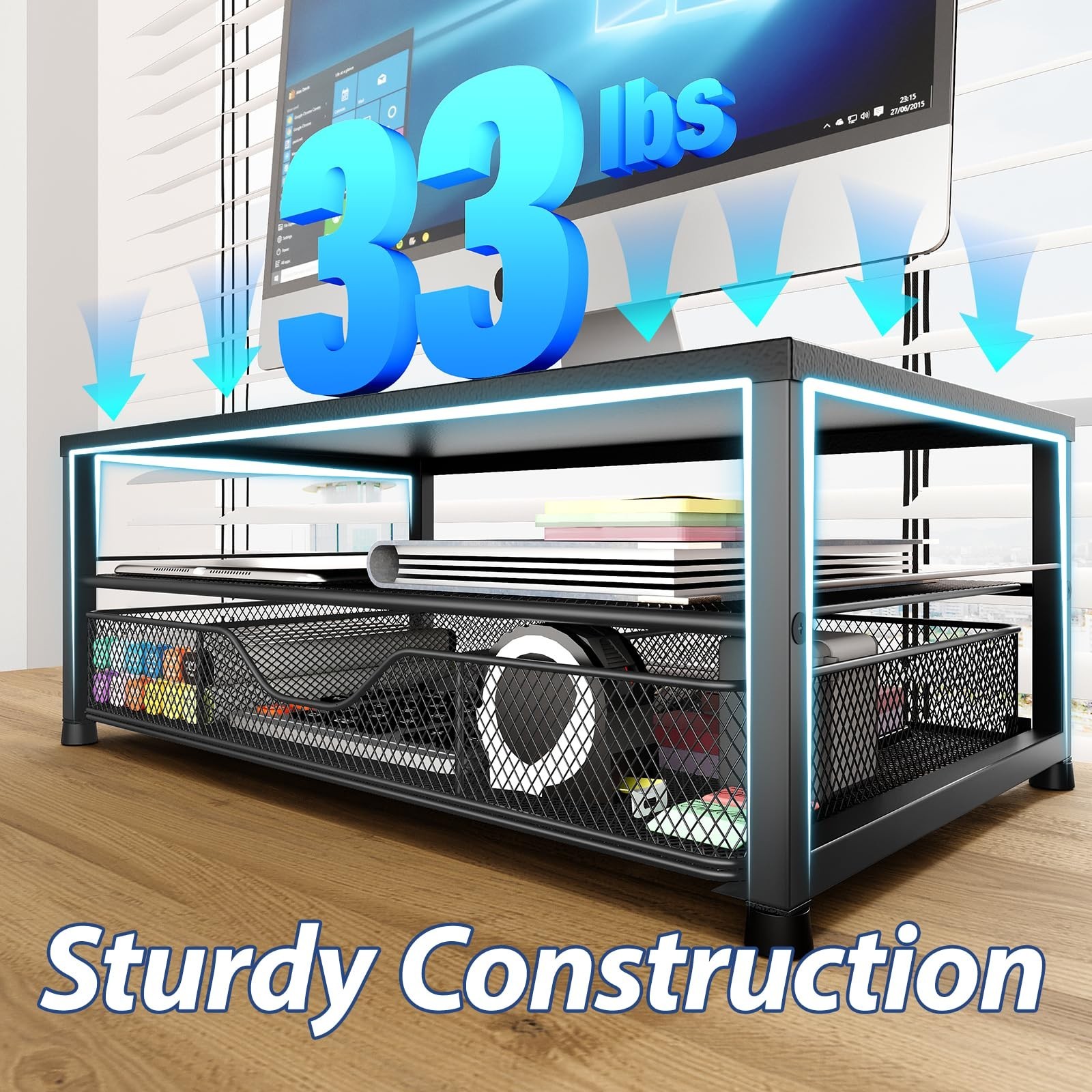 2-Tier Desk Organizer & Monitor Stand Riser with Drawer, 2 Pen Holders, Black