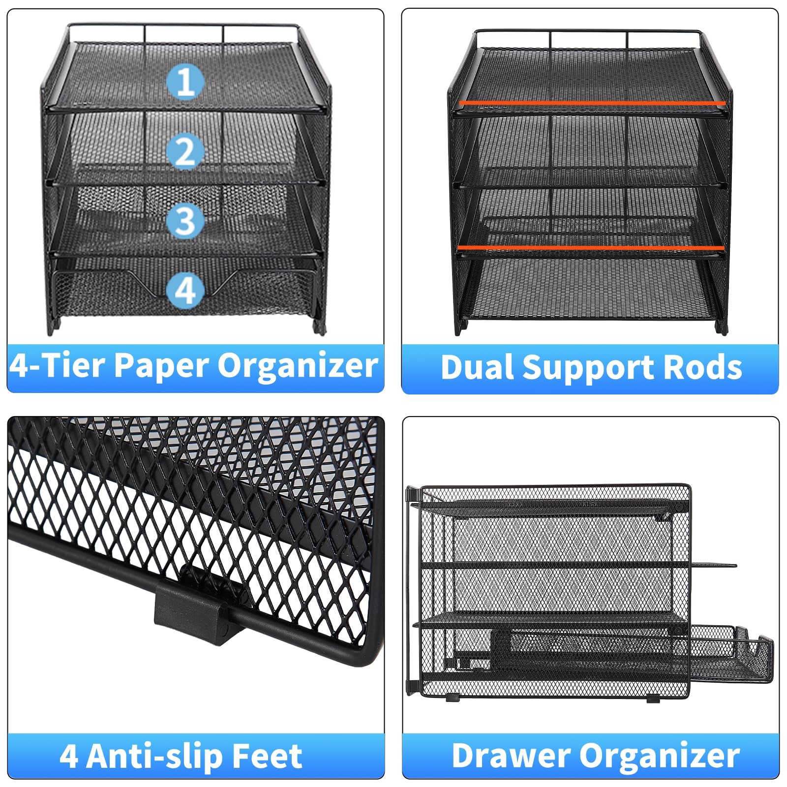 Desk Organizer, 4-Tier Desktop File Organizer with Drawer, Office Desk Access…