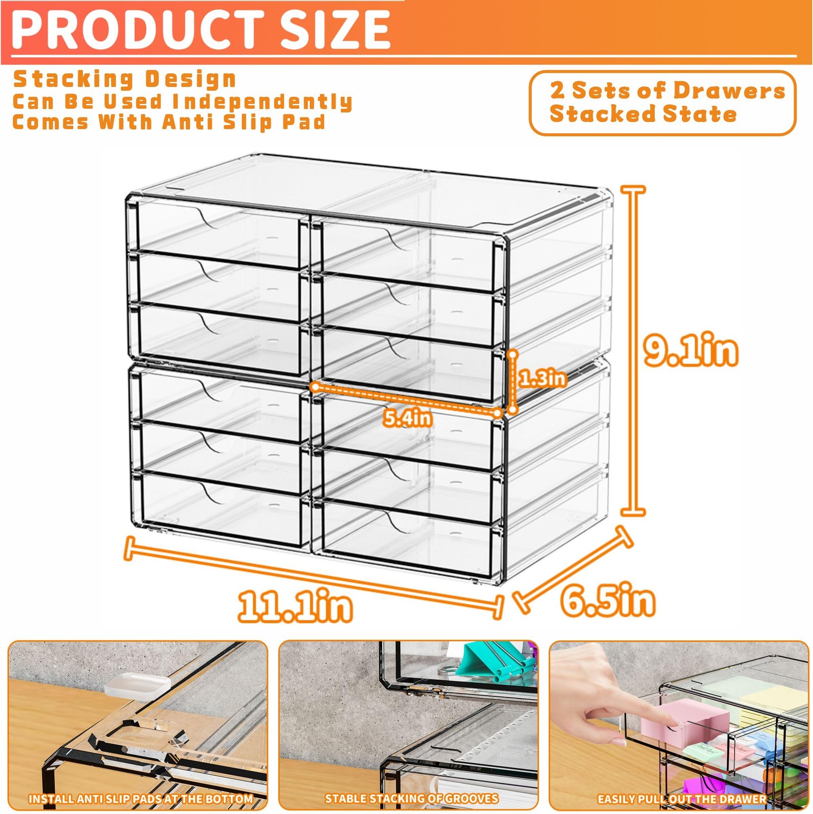 Yieach 2 Pack Acrylic Storage Drawers With 12 Small Drawer,Stackable Office C…