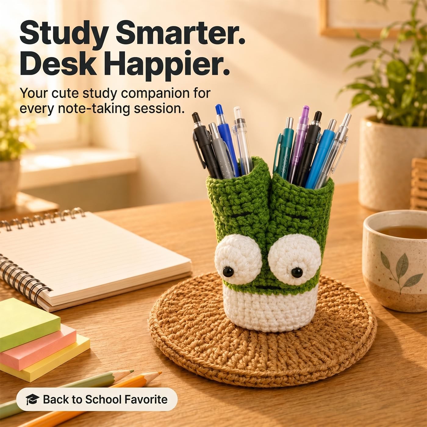Cute Crochet Pen Holder for Desk – Handmade Green Onion Pencil Cup with Stand…