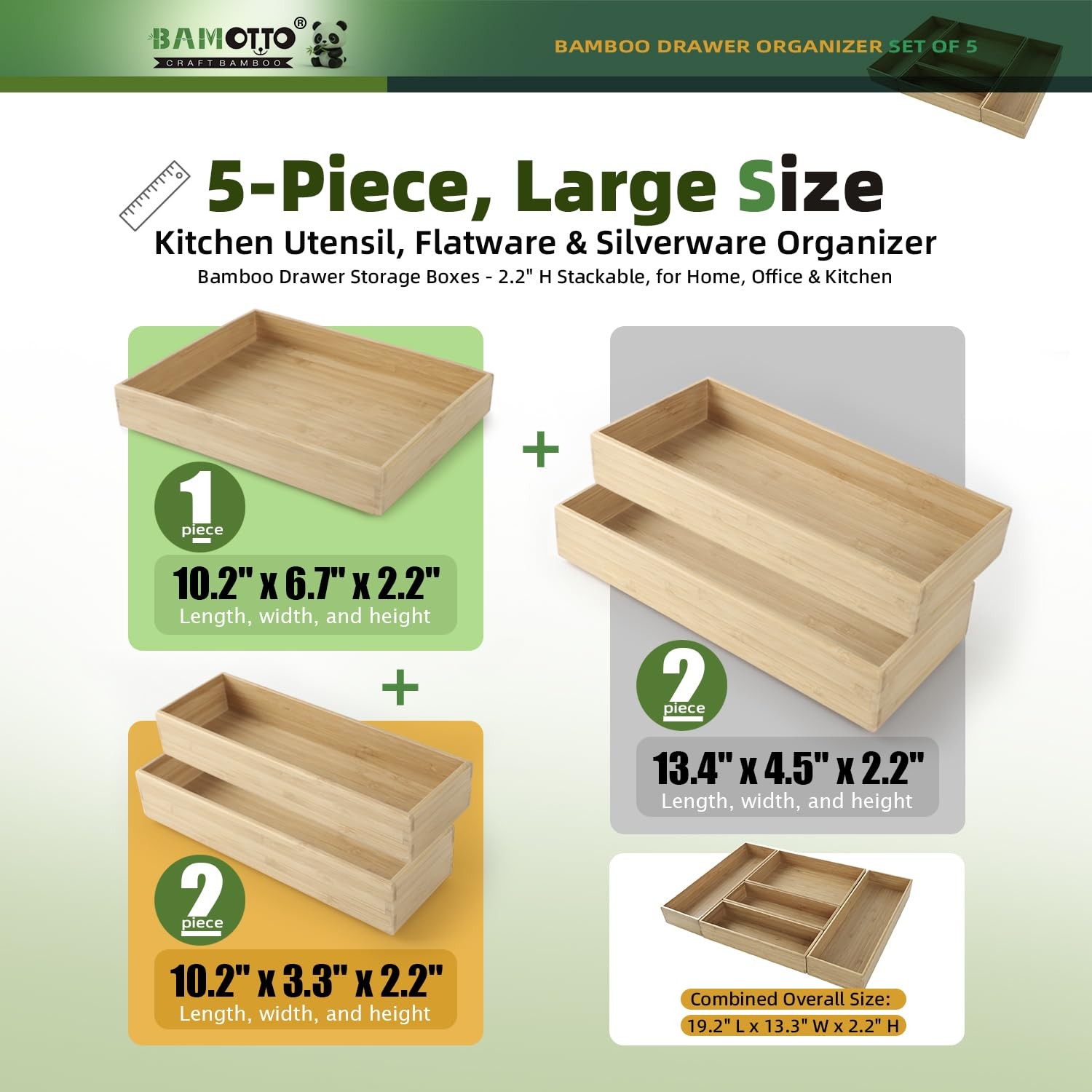BAMOTTO CRAFTBAMBOO Stack 19.2″ L x 13.3″ W x 2.2″ H, Bamboo (5 Piece Set)
