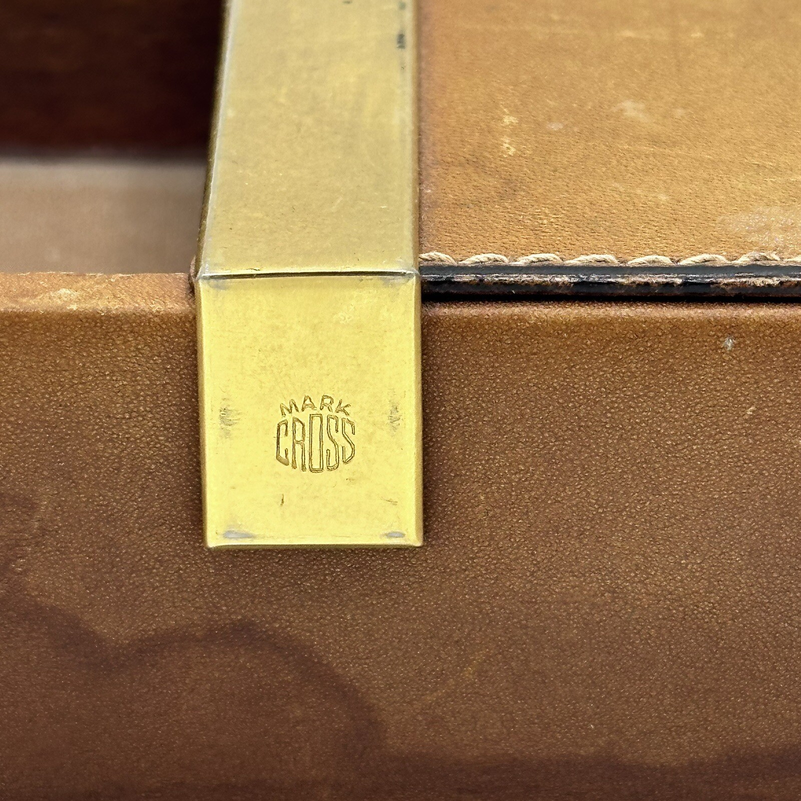 Vintage Mark Cross 4” x 6” Memo Sheet Desk Tray Box Leather & Brass Made Italy
