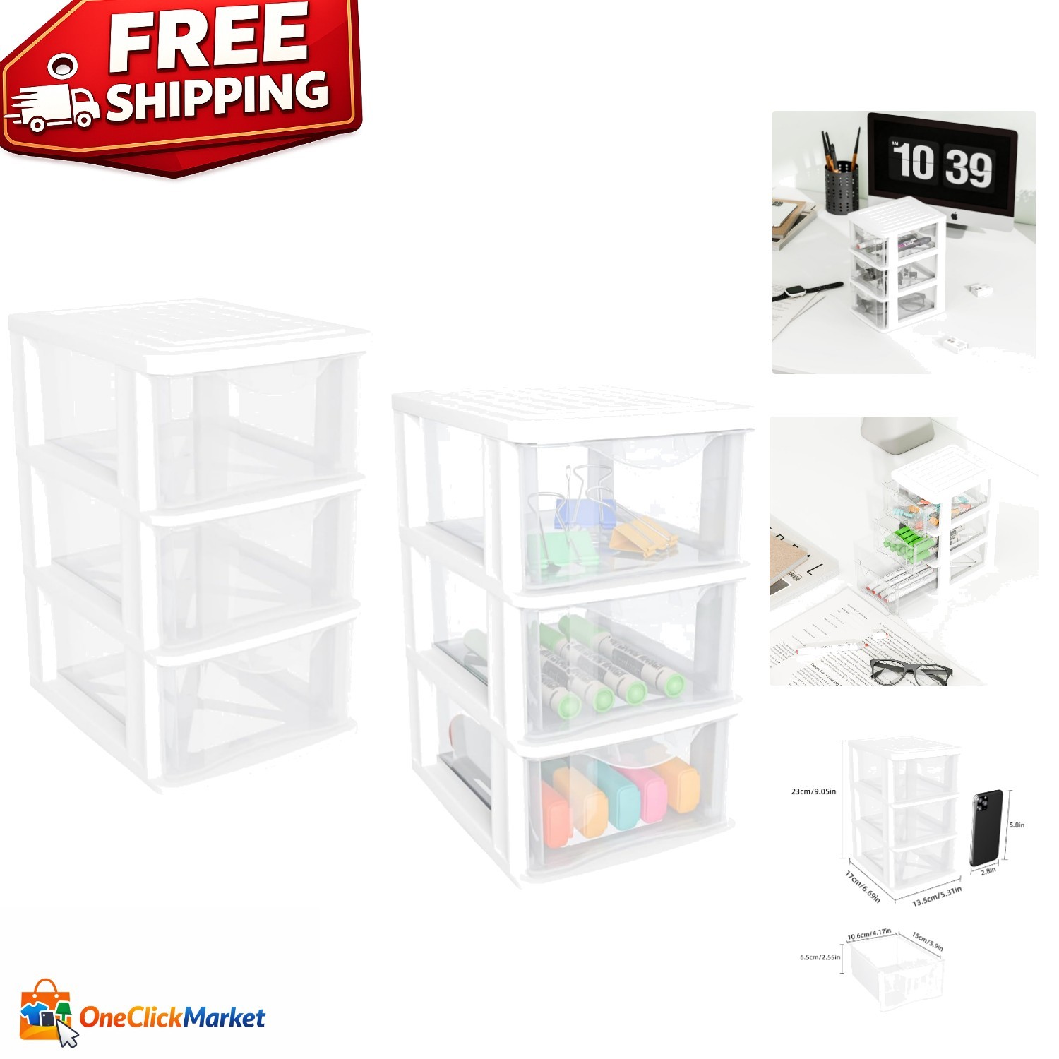 Compact 3 Drawer White Plastic Organizers – 2 Pack for Desktop Clutter Control