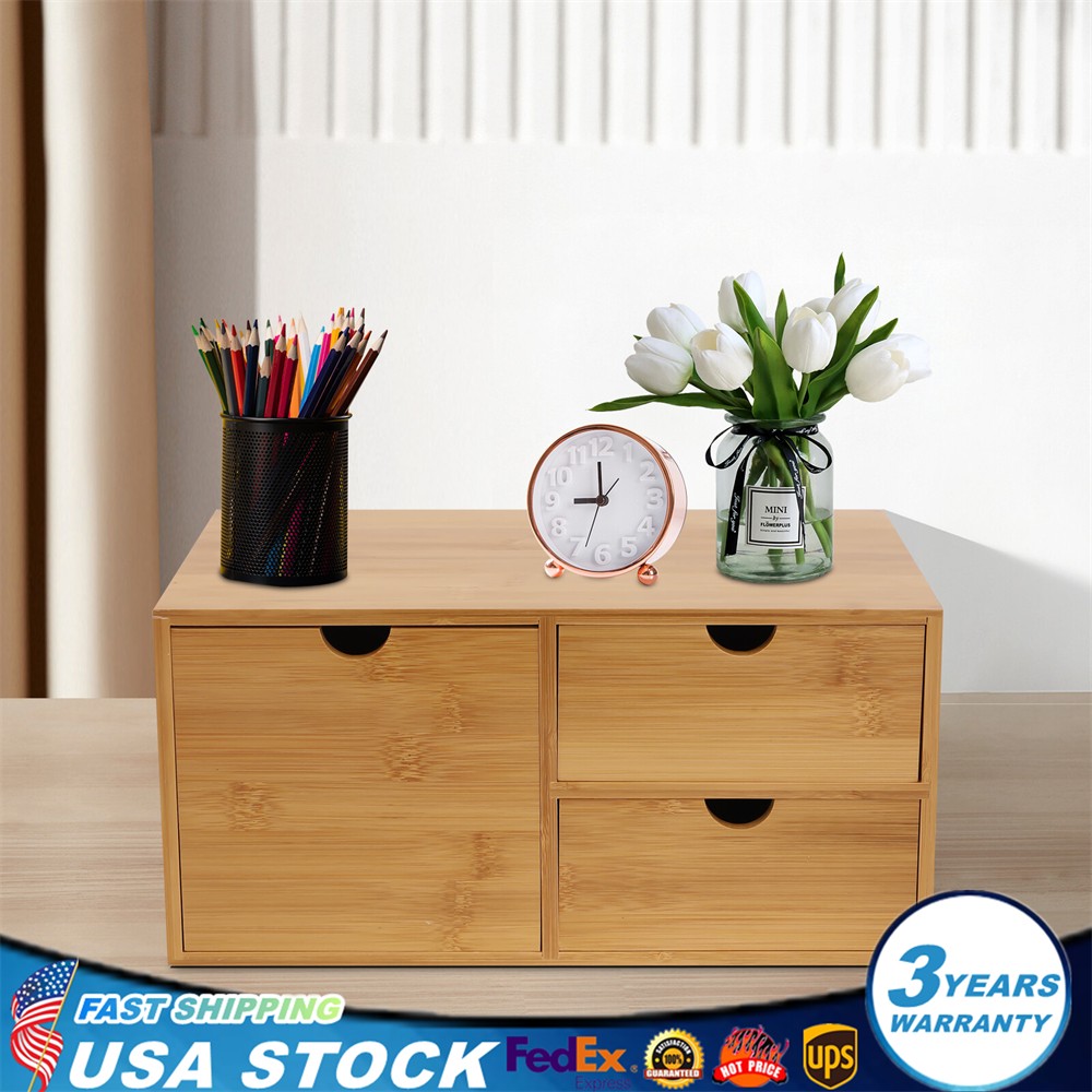 Bamboo Desk Organizer Drawer Tabletop Storage Organization Box Home
