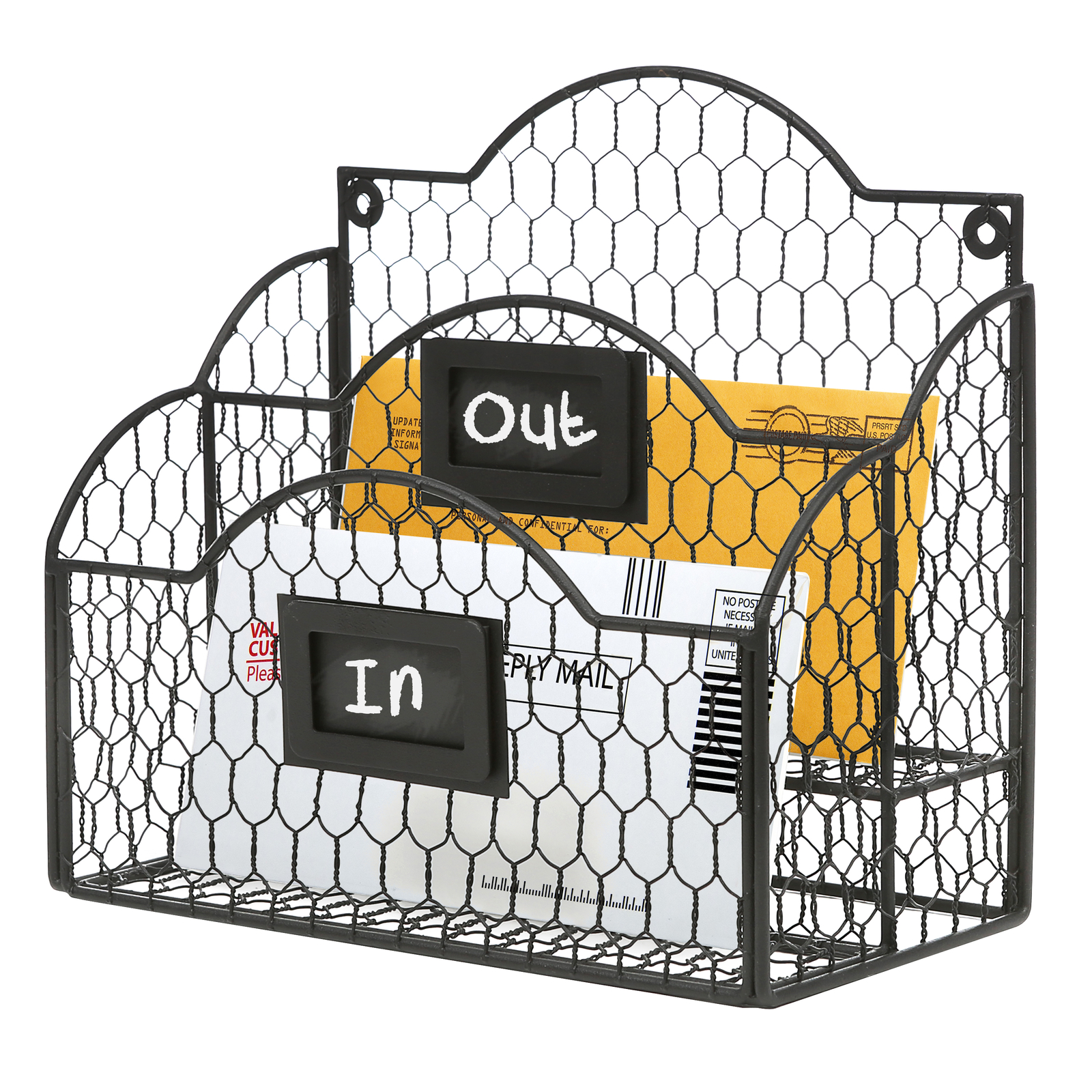 Black Metal Chicken Wire Wall Mounted Mail Sorter, Desktop Stationery Organizer