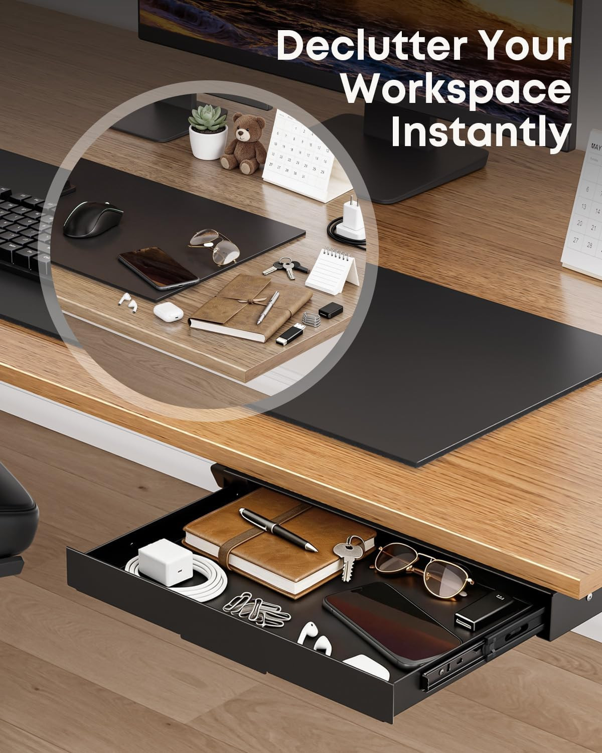 under Desk Storage Drawer 14.8″ Wide – Smooth Slide Out Organizer for Standing D