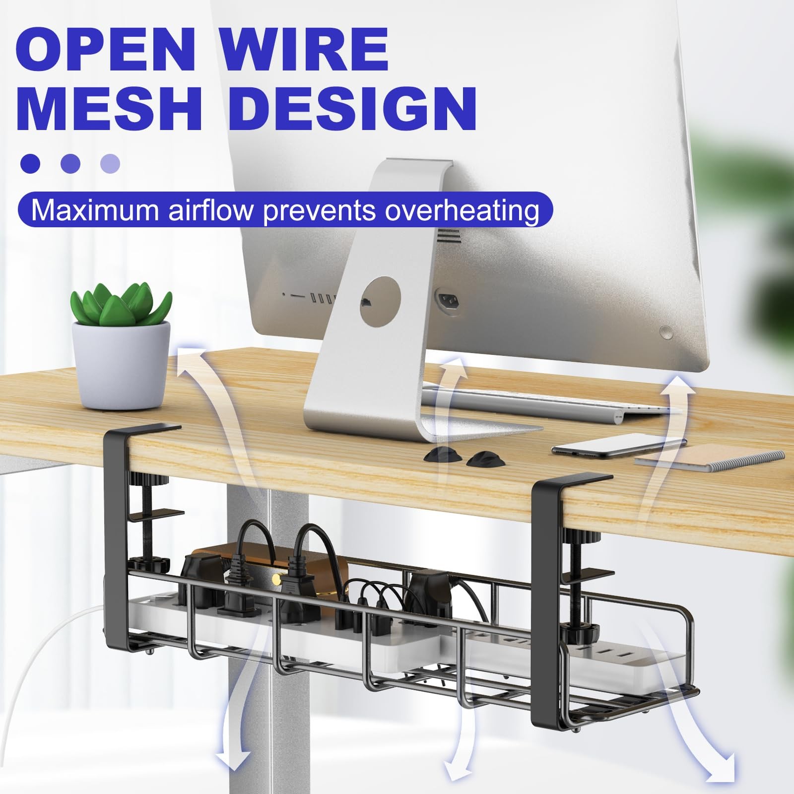 15.7” Under Desk Cable Management Tray, No Drill Steel 1 Pack, Black