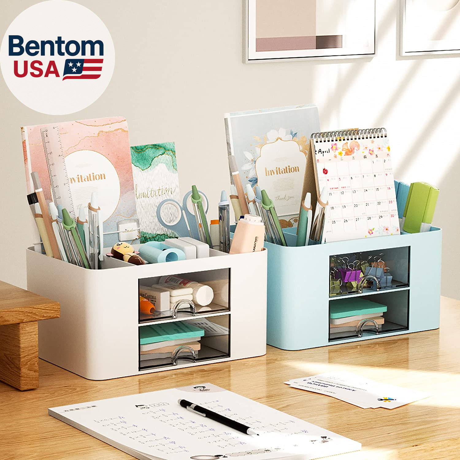 Pen Organizer with 2 Drawer, Multi-Functional Pencil Holder for Desk, Desk Organ